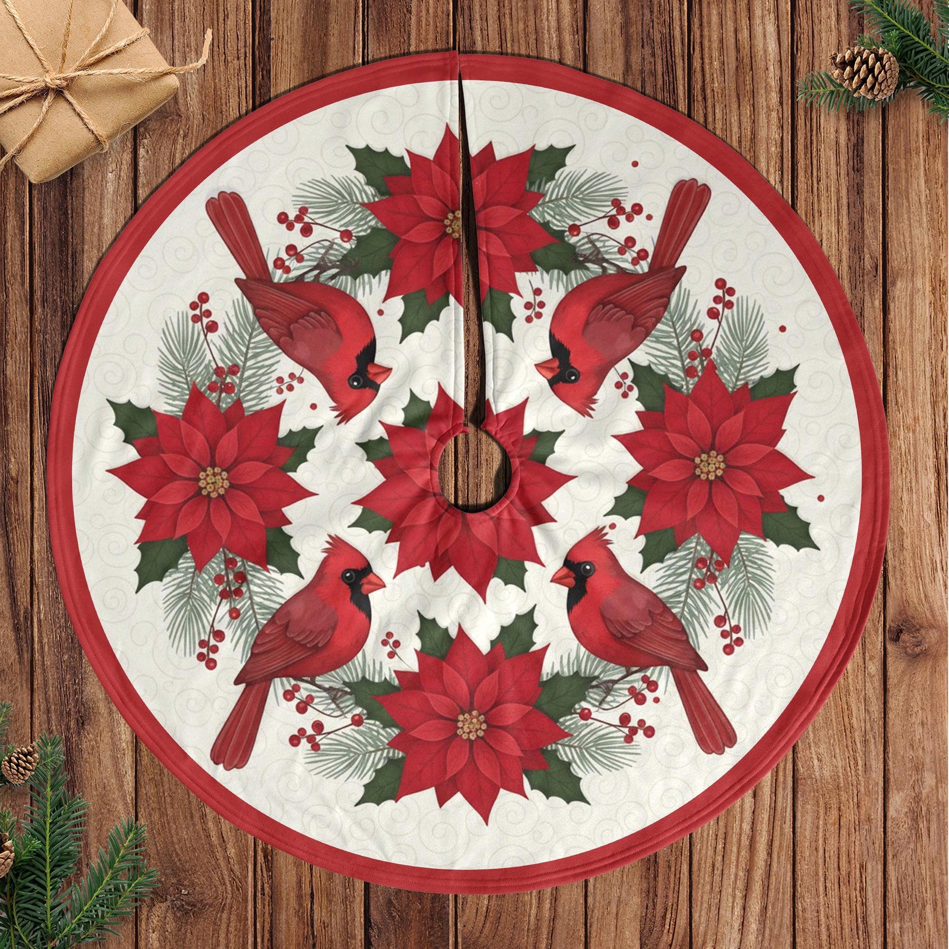 Christmas Tree Skirt: Cardinal Poinsettia Design, Holiday Pine Accents image 2
