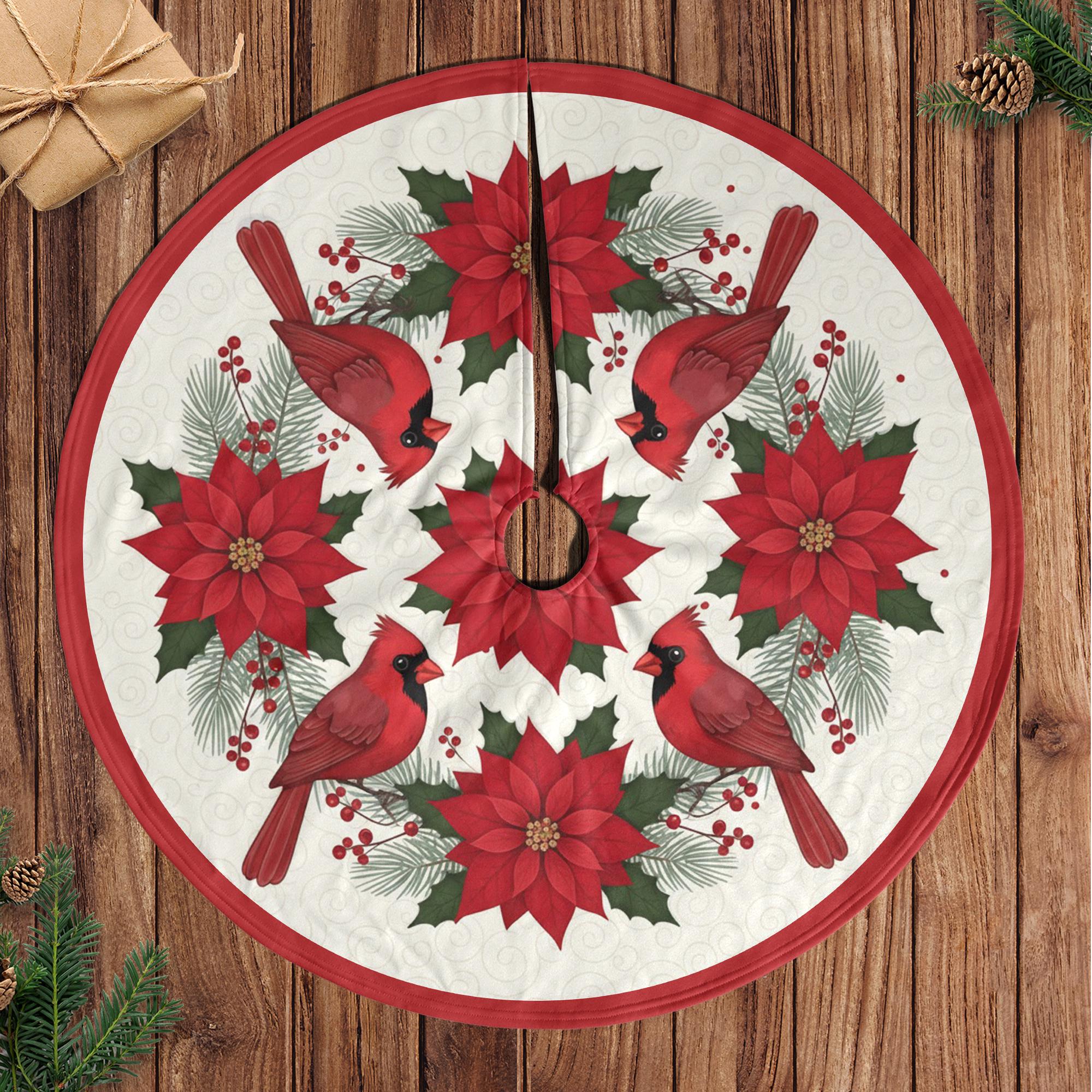 Christmas Tree Skirt: Cardinal Poinsettia Design, Holiday Pine Accents image 2