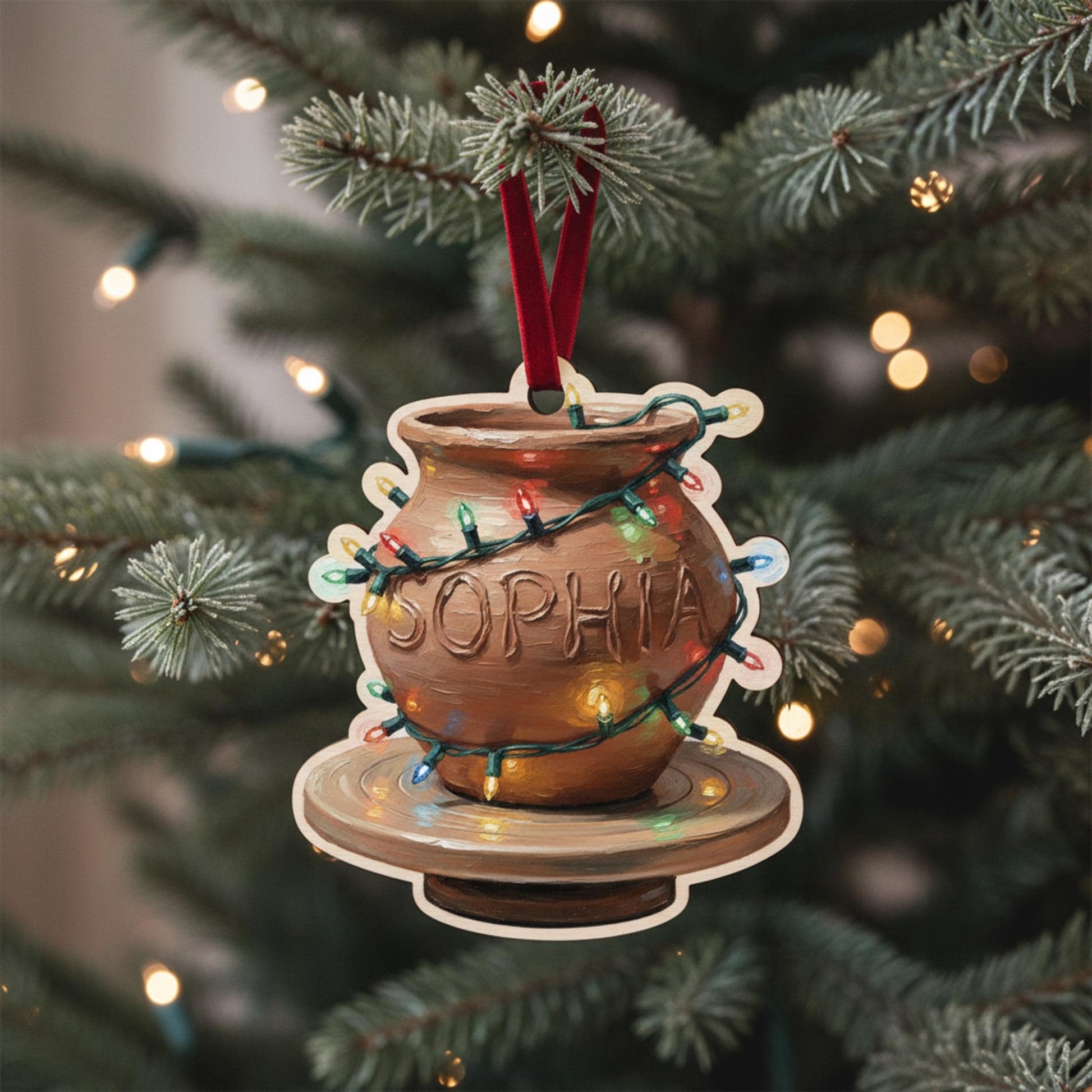 Custom Pottery Wheel Ornament: Personalized Clay Pot Christmas Decoration with Name image 1