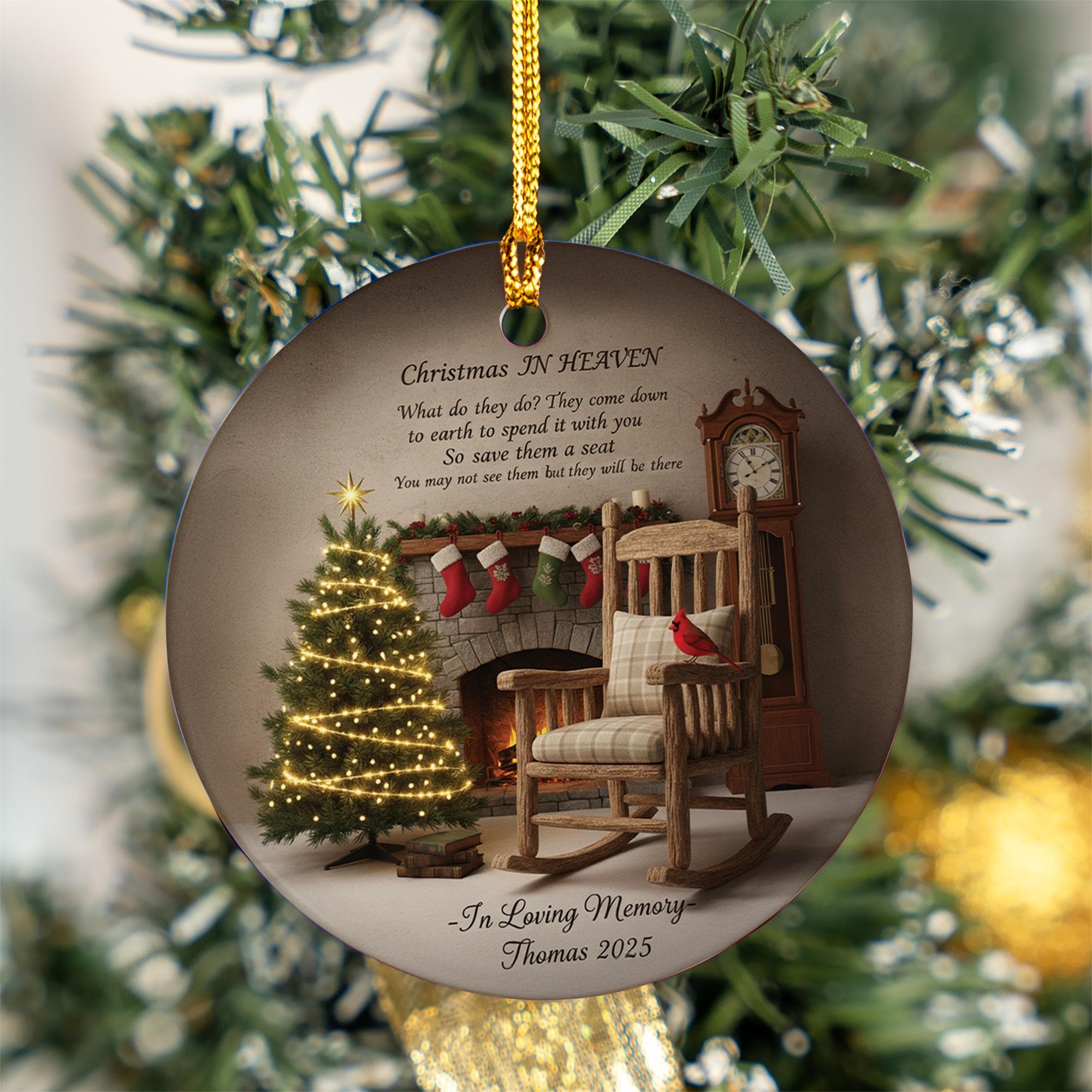 Personalized Memorial Ornament: "Christmas in Heaven" Ceramic Disc, Rocking Chair Cardinal Scene image 2