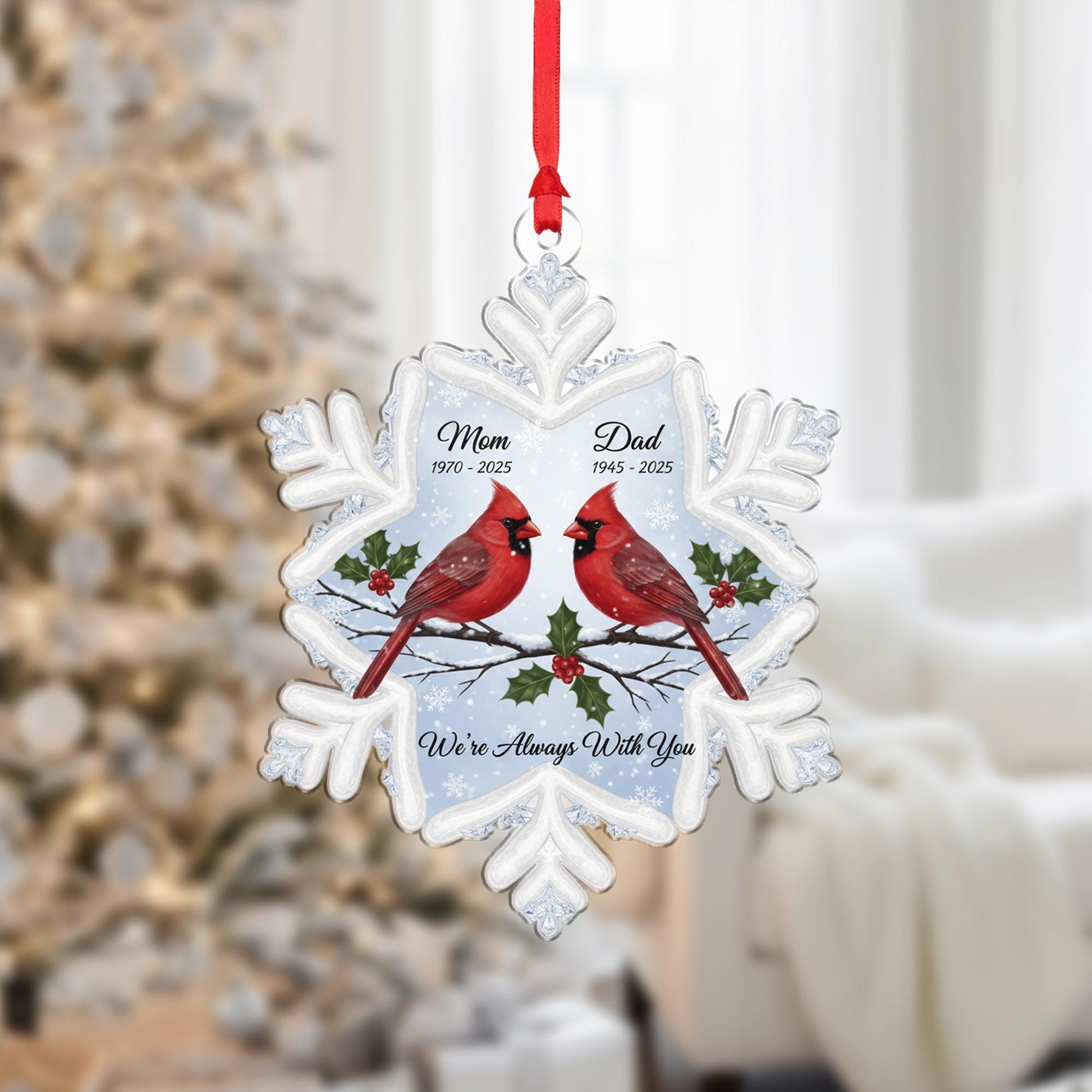 Personalized Memorial Ornament: Clear Snowflake Shape, Two Cardinals, "We're Always With You" image 1
