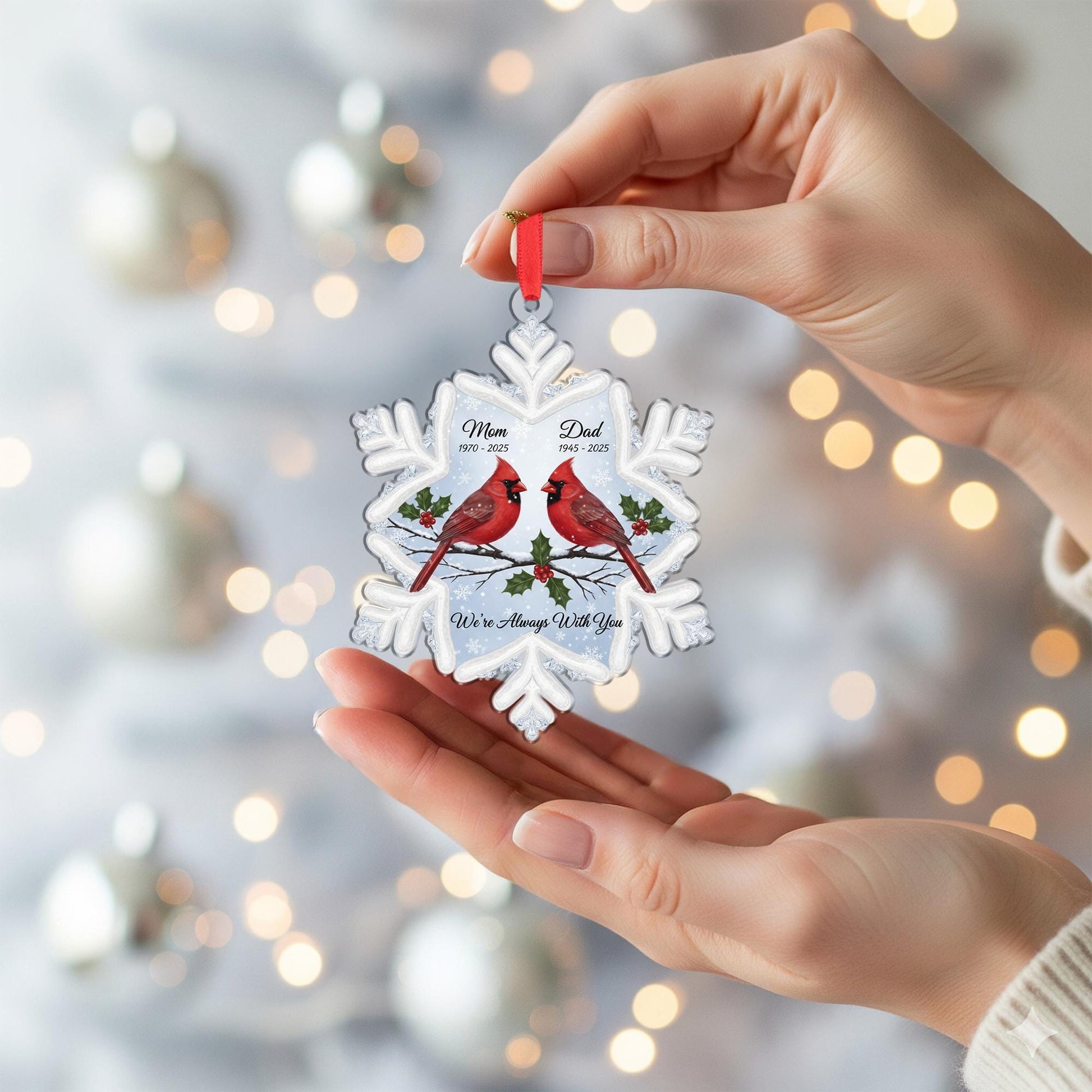 Personalized Memorial Ornament: Clear Snowflake Shape, Two Cardinals, "We're Always With You" image 4