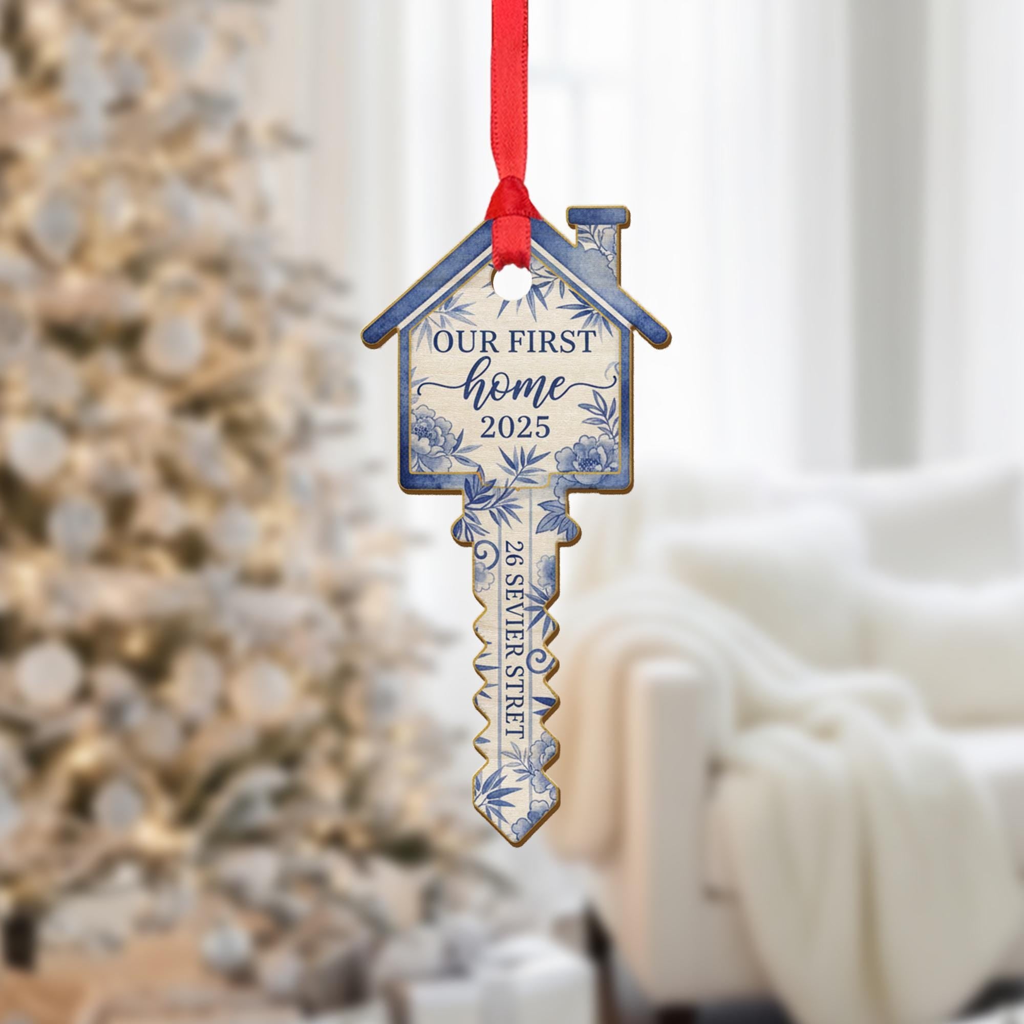 Our First Home Ornament 2025 – Personalized Wooden Key Keepsake