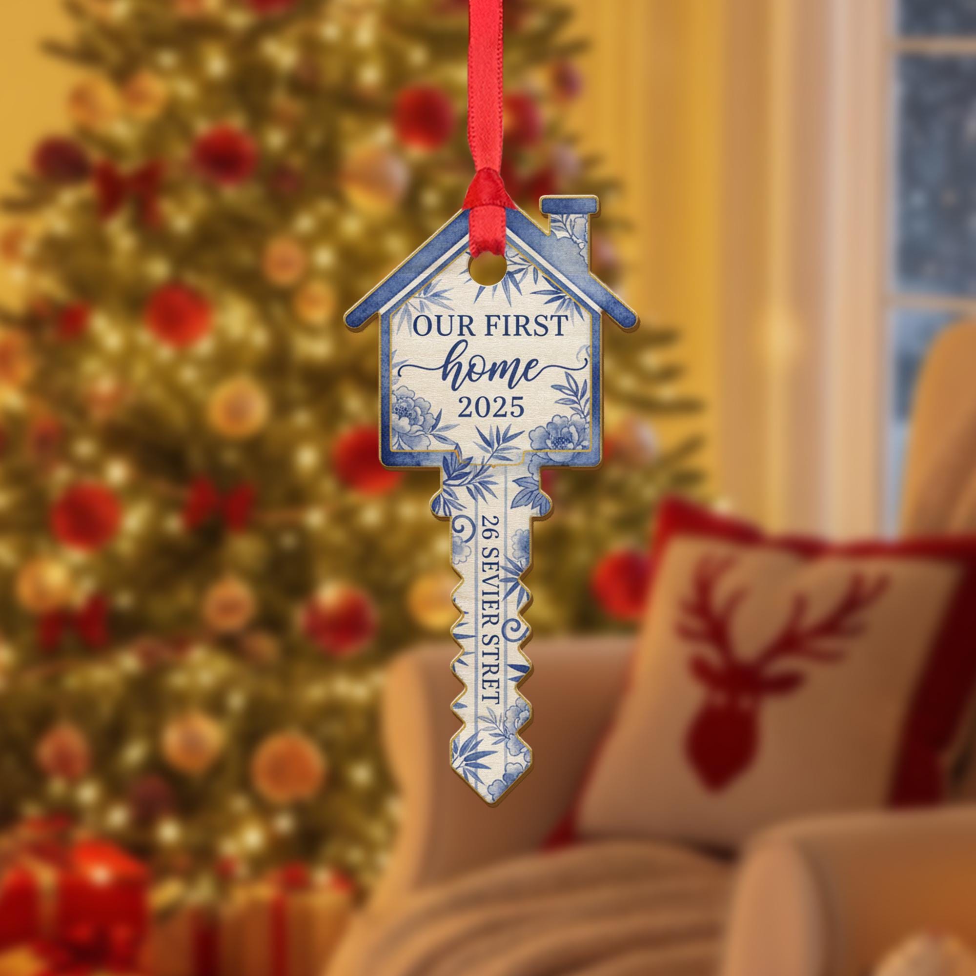 Our First Home Ornament 2025 – Personalized Wooden Key Keepsake