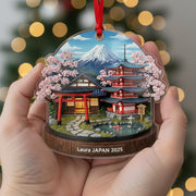 Japan Travel Ornament 2025: Personalized Cherry Blossom & Mount Keepsake with Name image 1