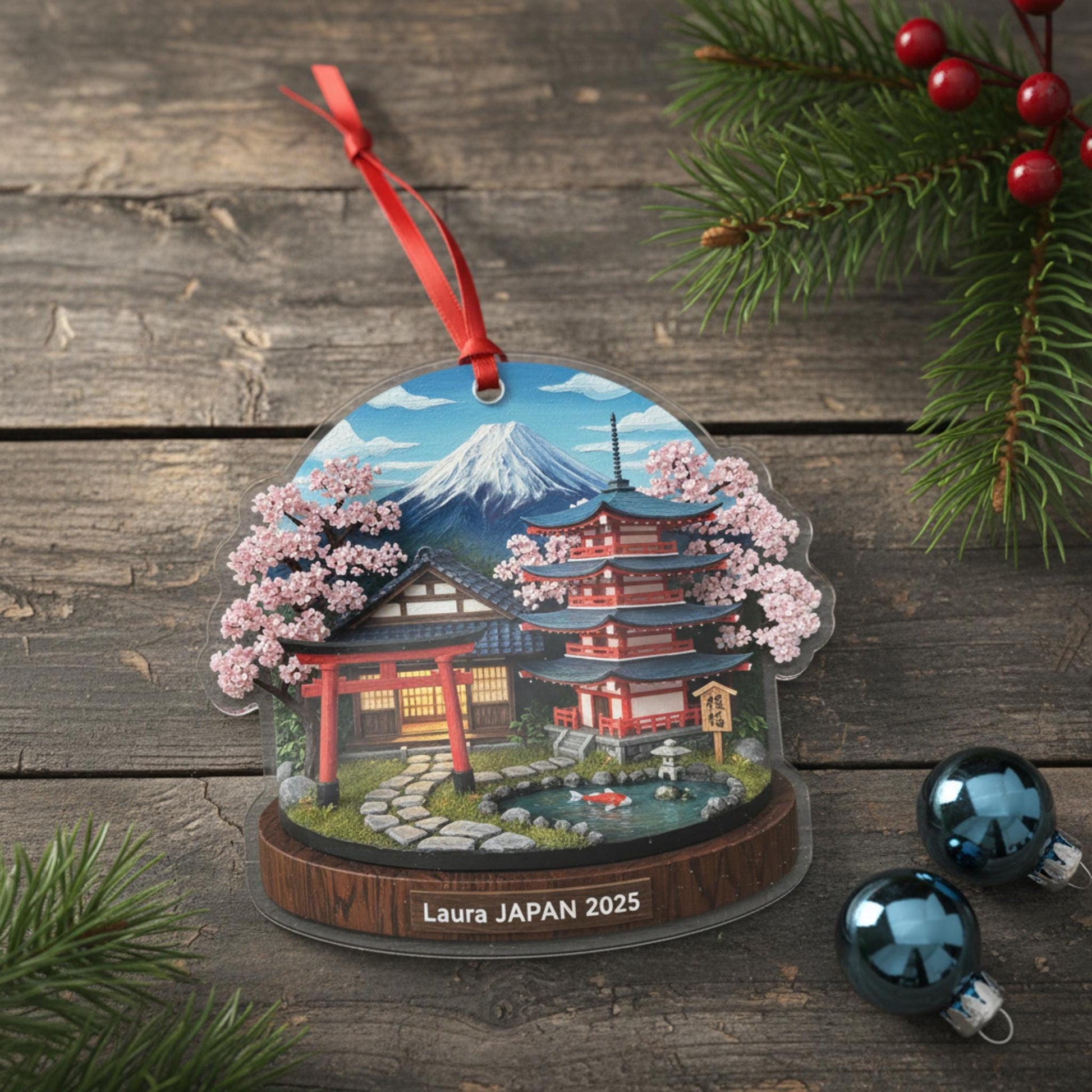 Japan Travel Ornament 2025: Personalized Cherry Blossom & Mount Keepsake with Name image 2
