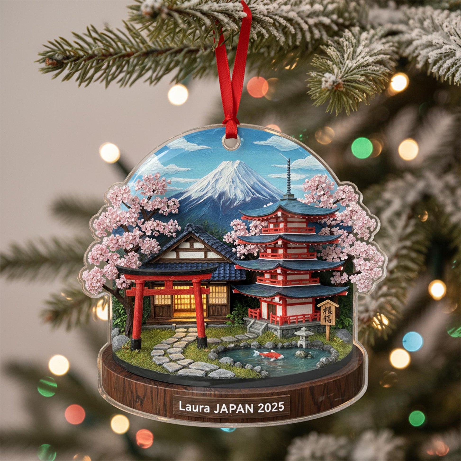 Japan Travel Ornament 2025: Personalized Cherry Blossom & Mount Keepsake with Name image 3
