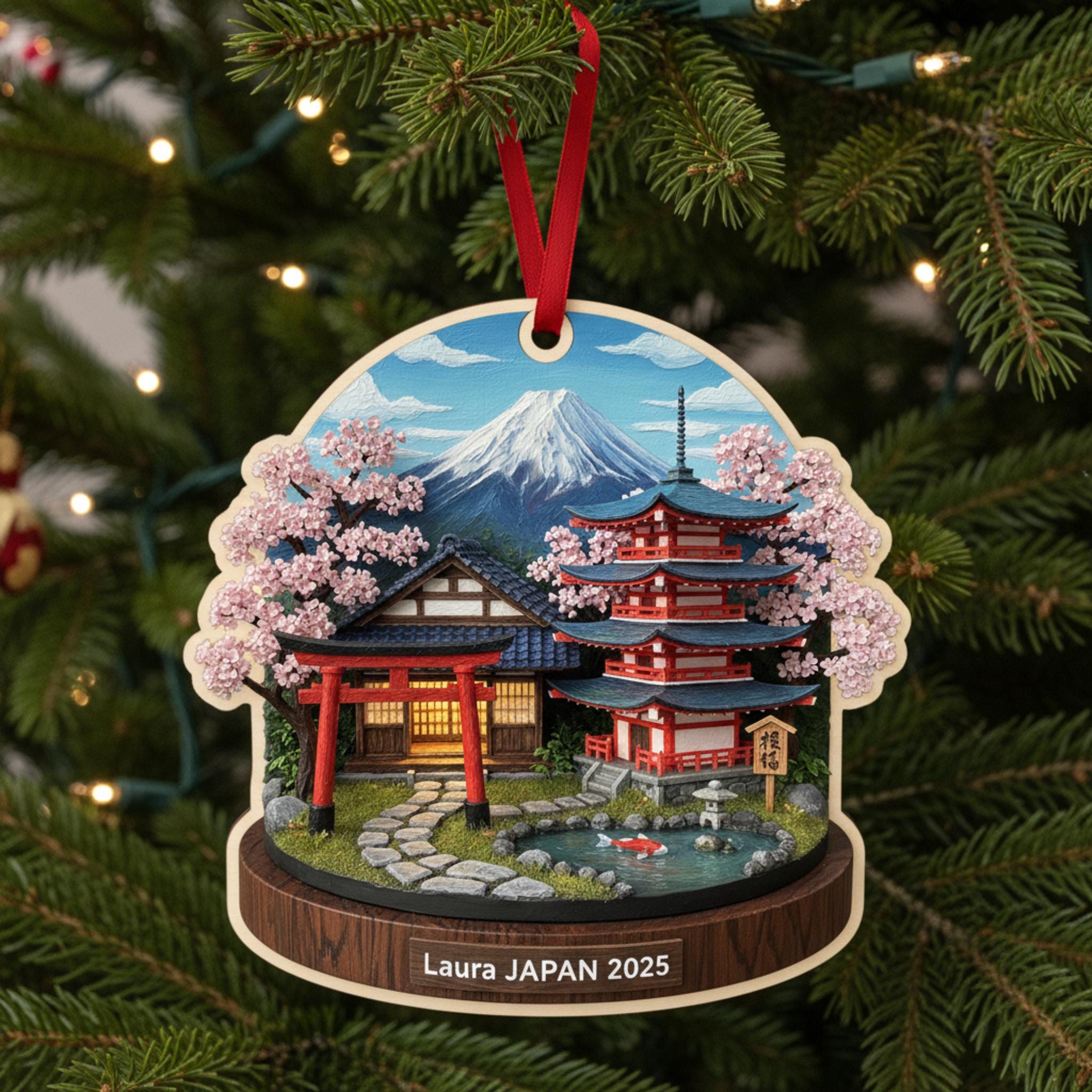 Japan Travel Ornament 2025: Personalized Cherry Blossom & Mount Keepsake with Name image 4