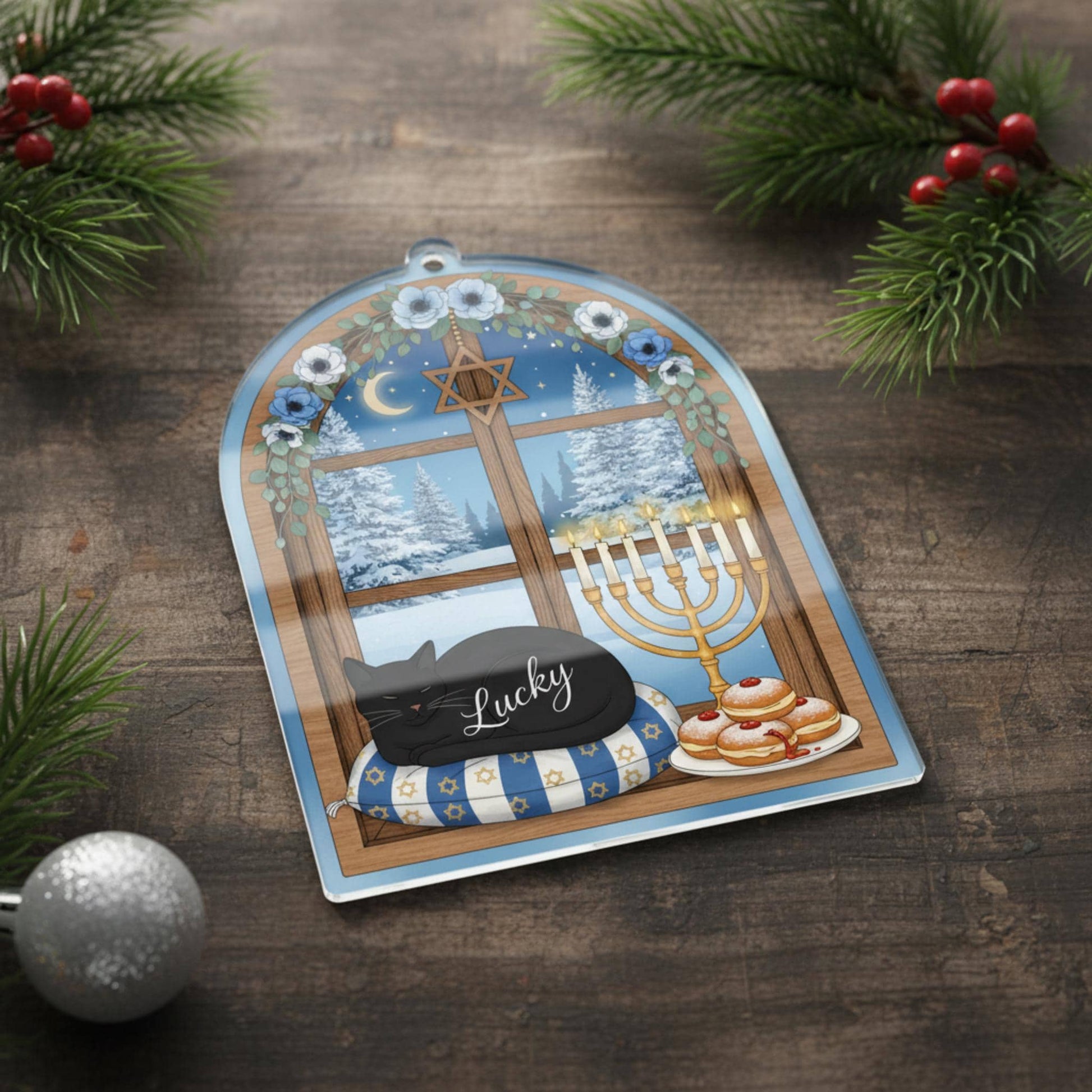 Personalized Hanukkah Cat Ornament: 2D Menorah Window Decor image 4
