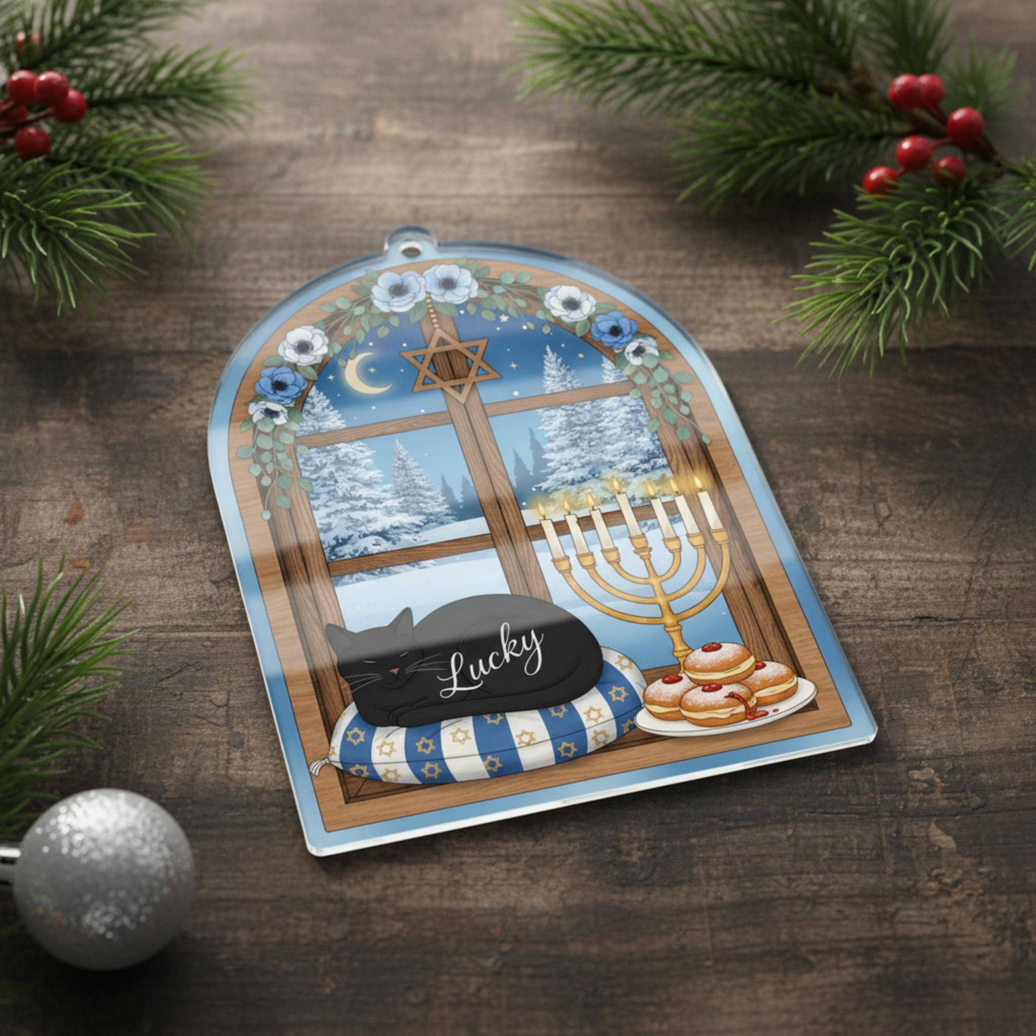 Personalized Hanukkah Cat Ornament: 2D Menorah Window Decor image 4