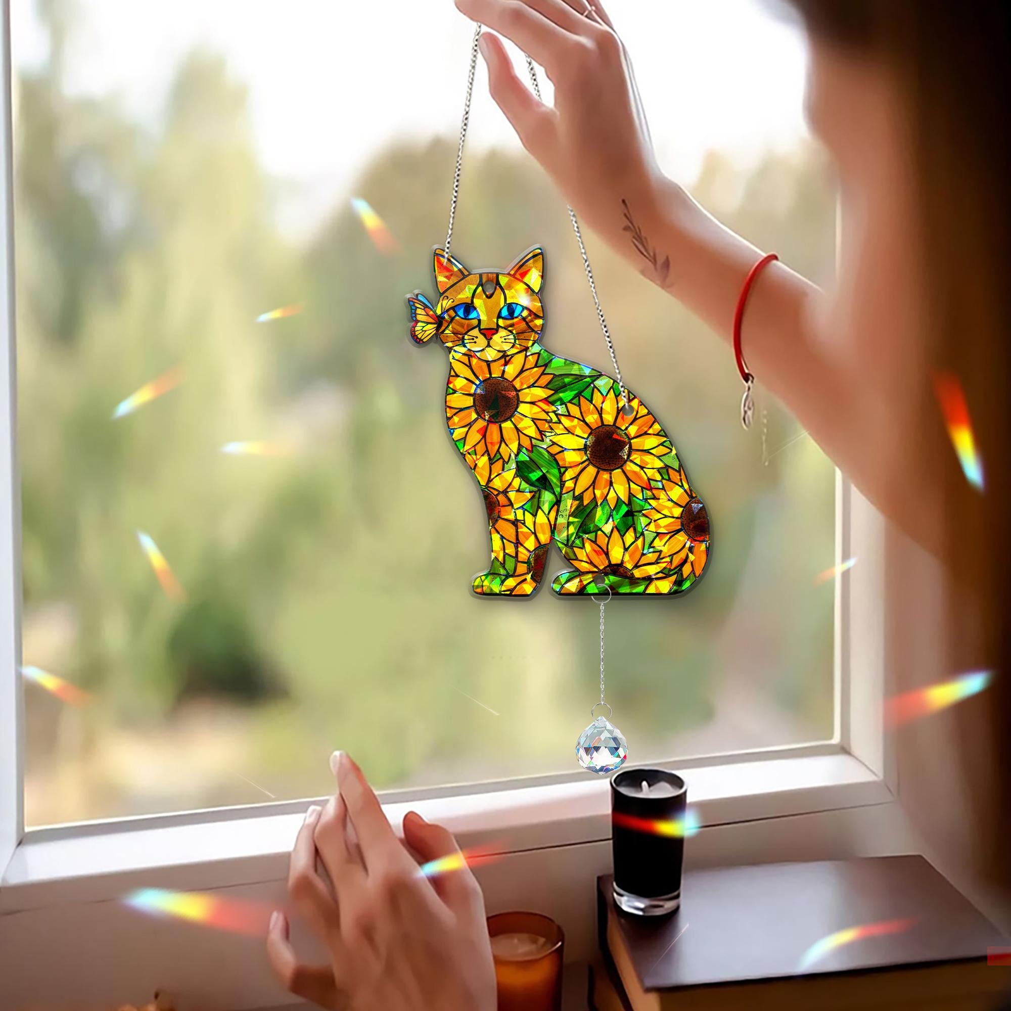 Holographic Cat Suncatcher Acrylic Window Decor with Crystal Charm Sunflower Design