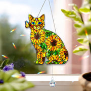 Holographic Cat Suncatcher Acrylic Window Decor with Crystal Charm Sunflower Design