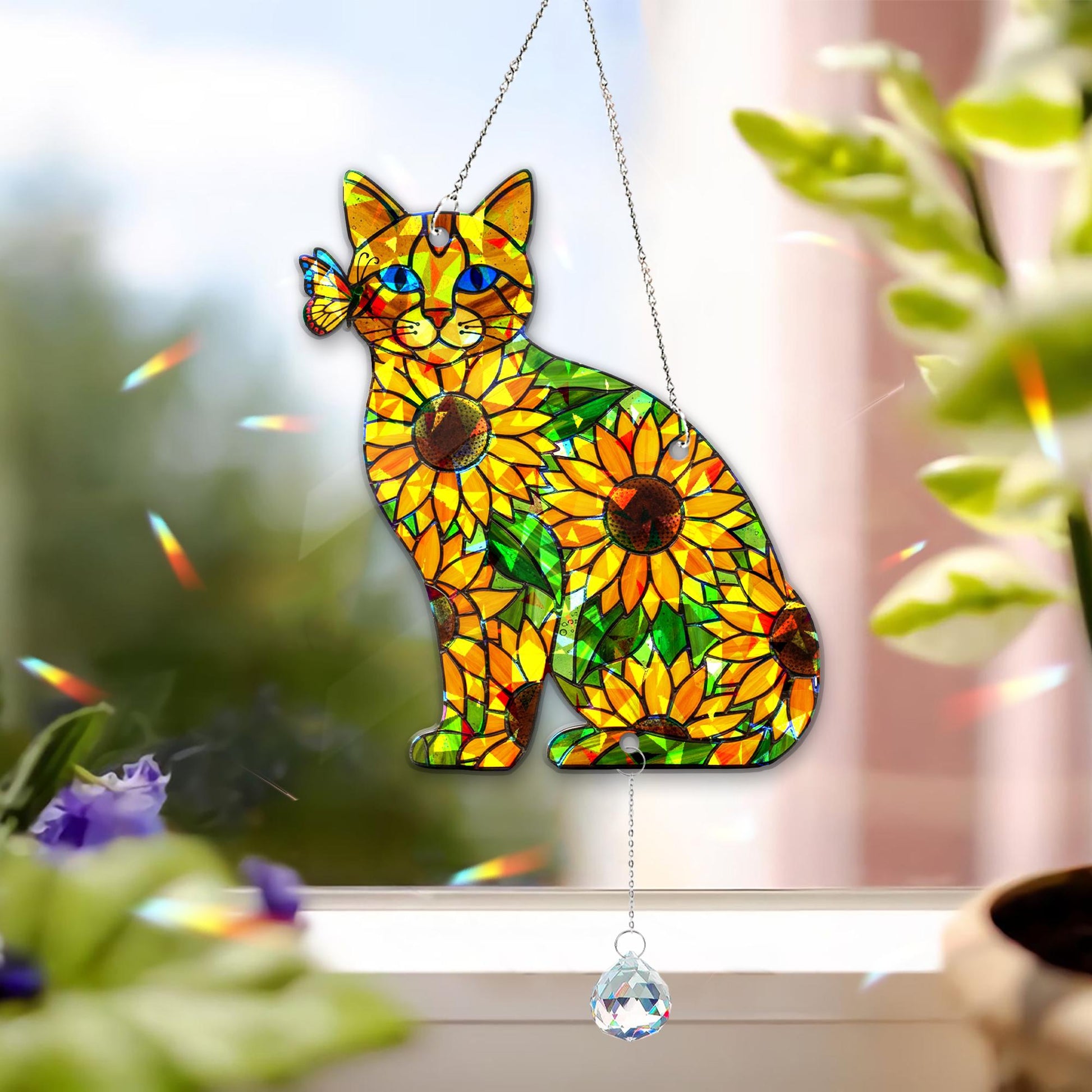 Holographic Cat Suncatcher Acrylic Window Decor with Crystal Charm Sunflower Design