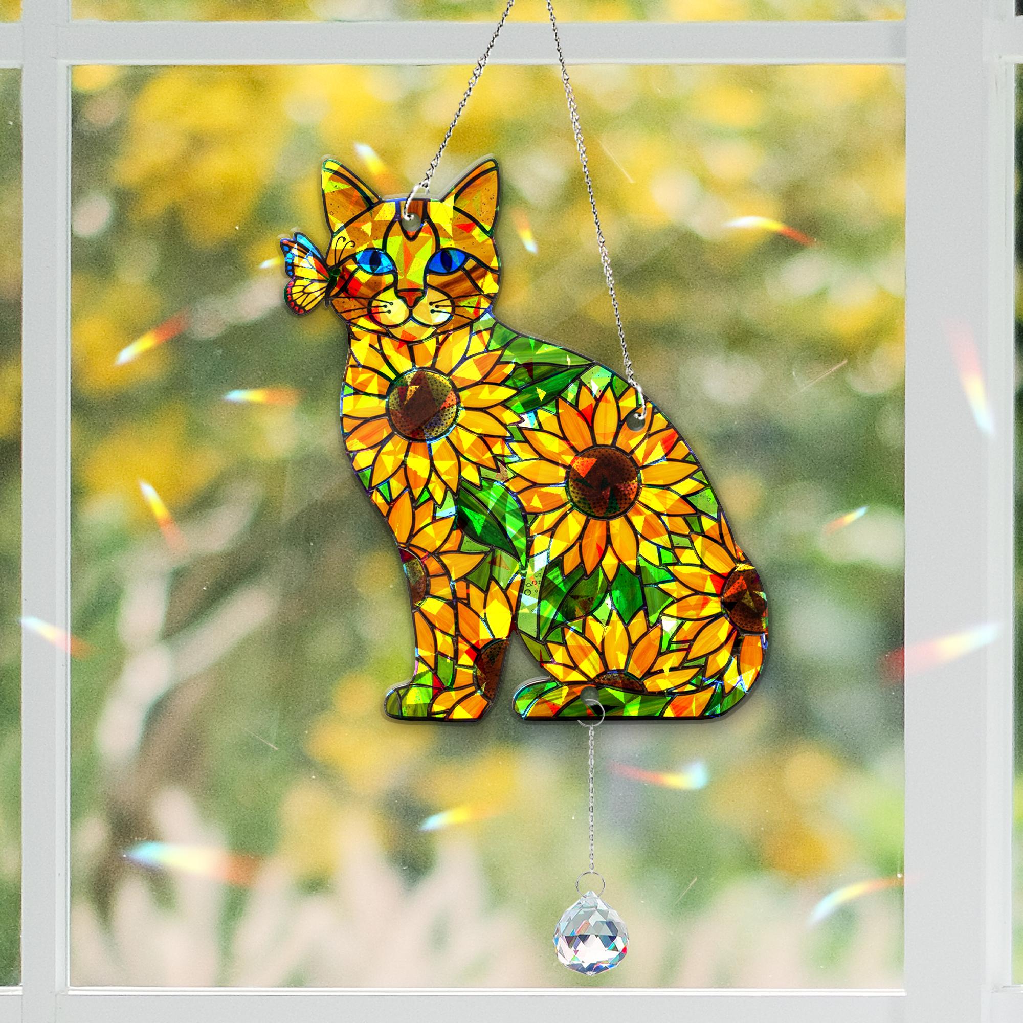 Holographic Cat Suncatcher Acrylic Window Decor with Crystal Charm Sunflower Design