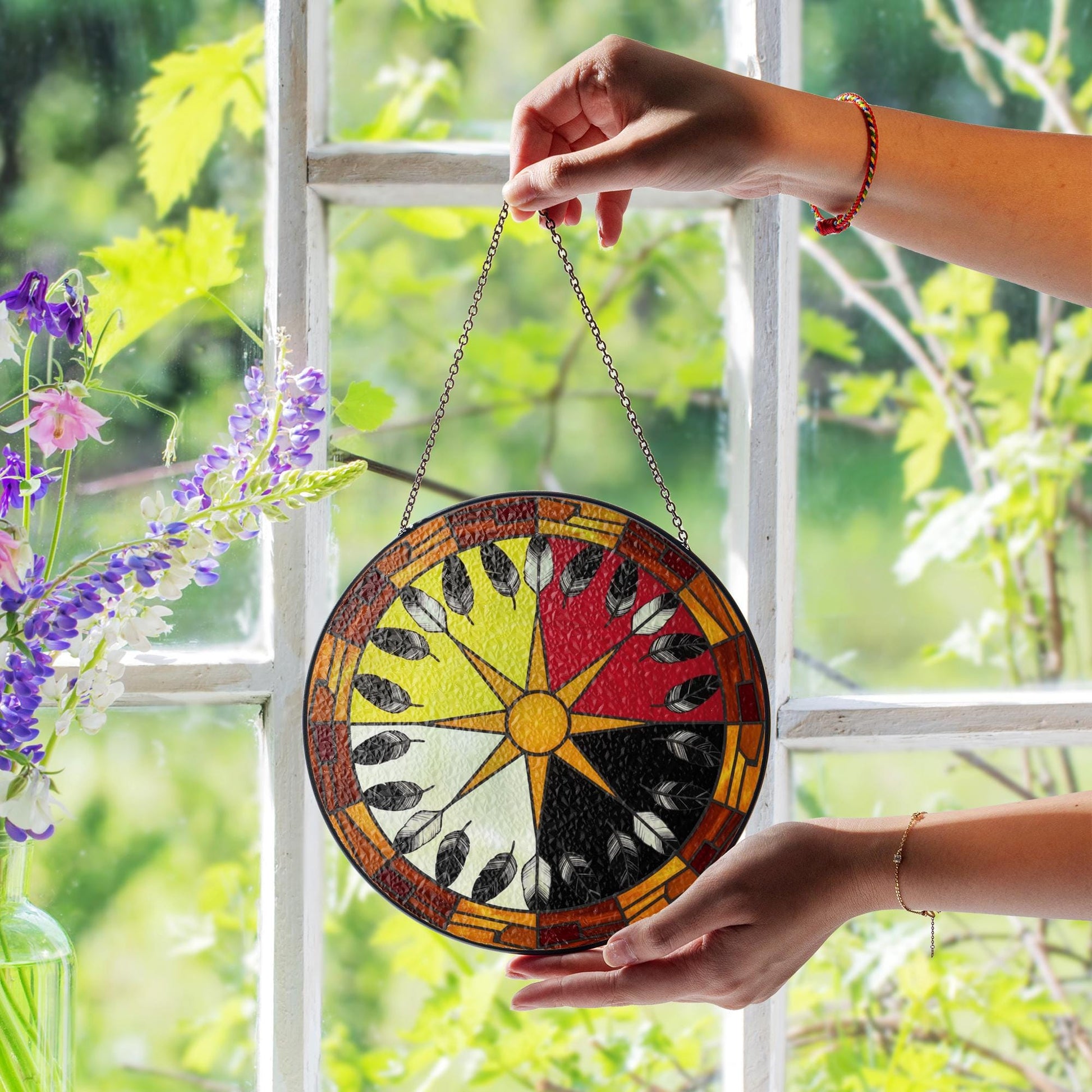 Medicine Wheel Suncatcher – Four Directions Glass Window Art Decor