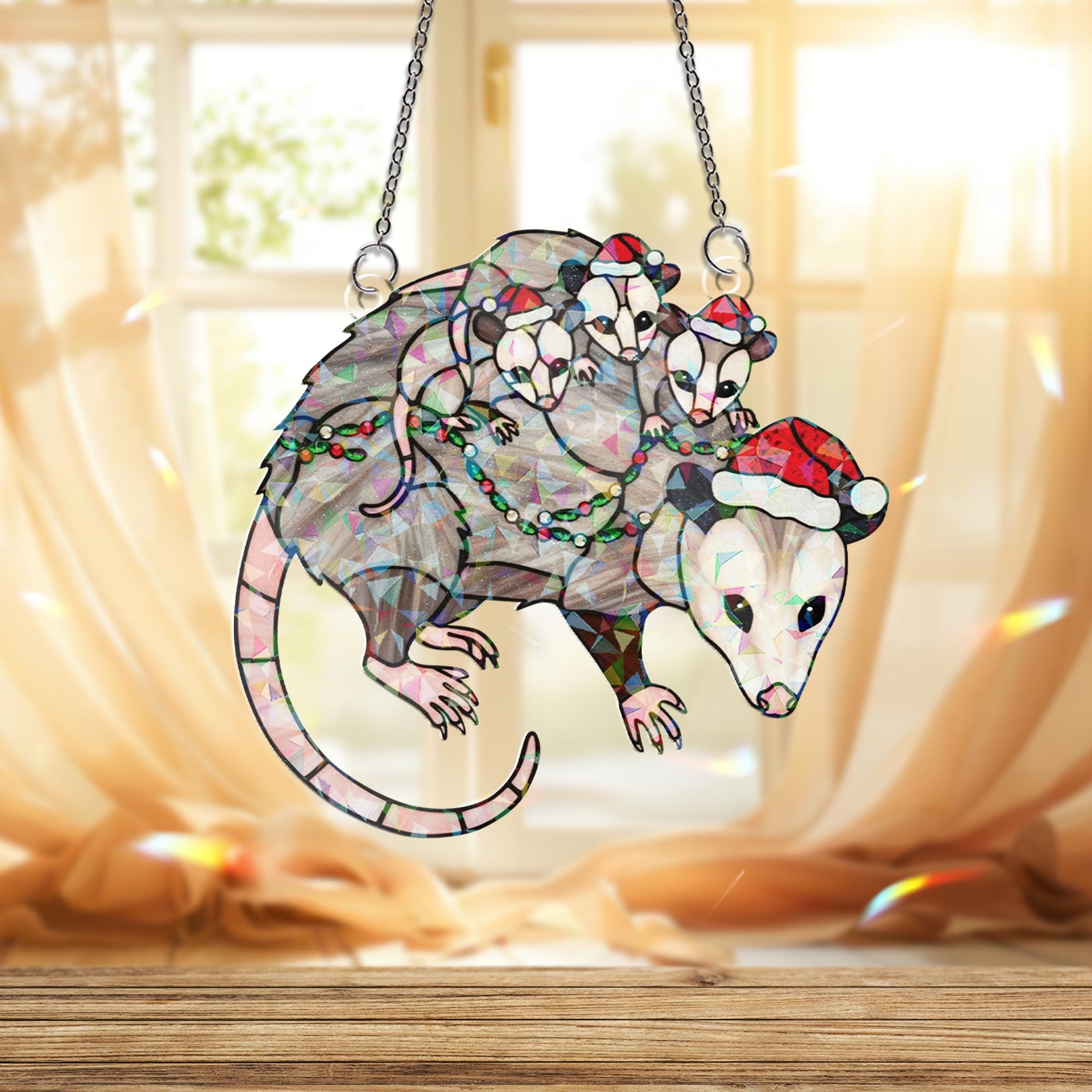Possum Family Suncatcher – Holographic Christmas Window Hanging Decor