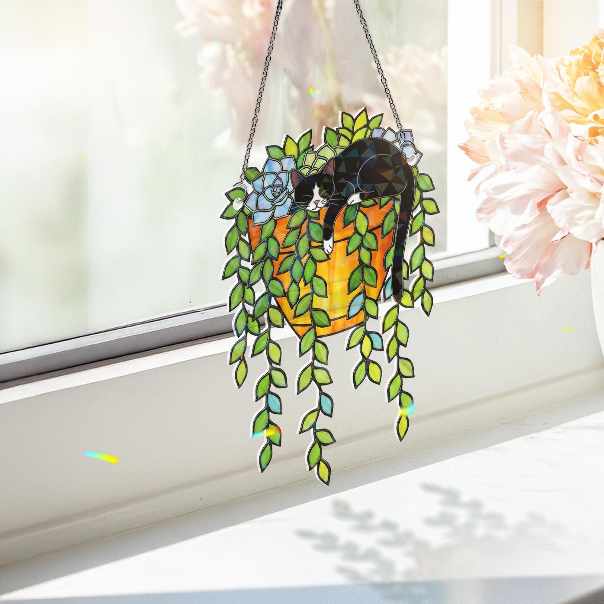 Tuxedo Cat Succulent Suncatcher – Holographic Window Hanging for Cat Lovers