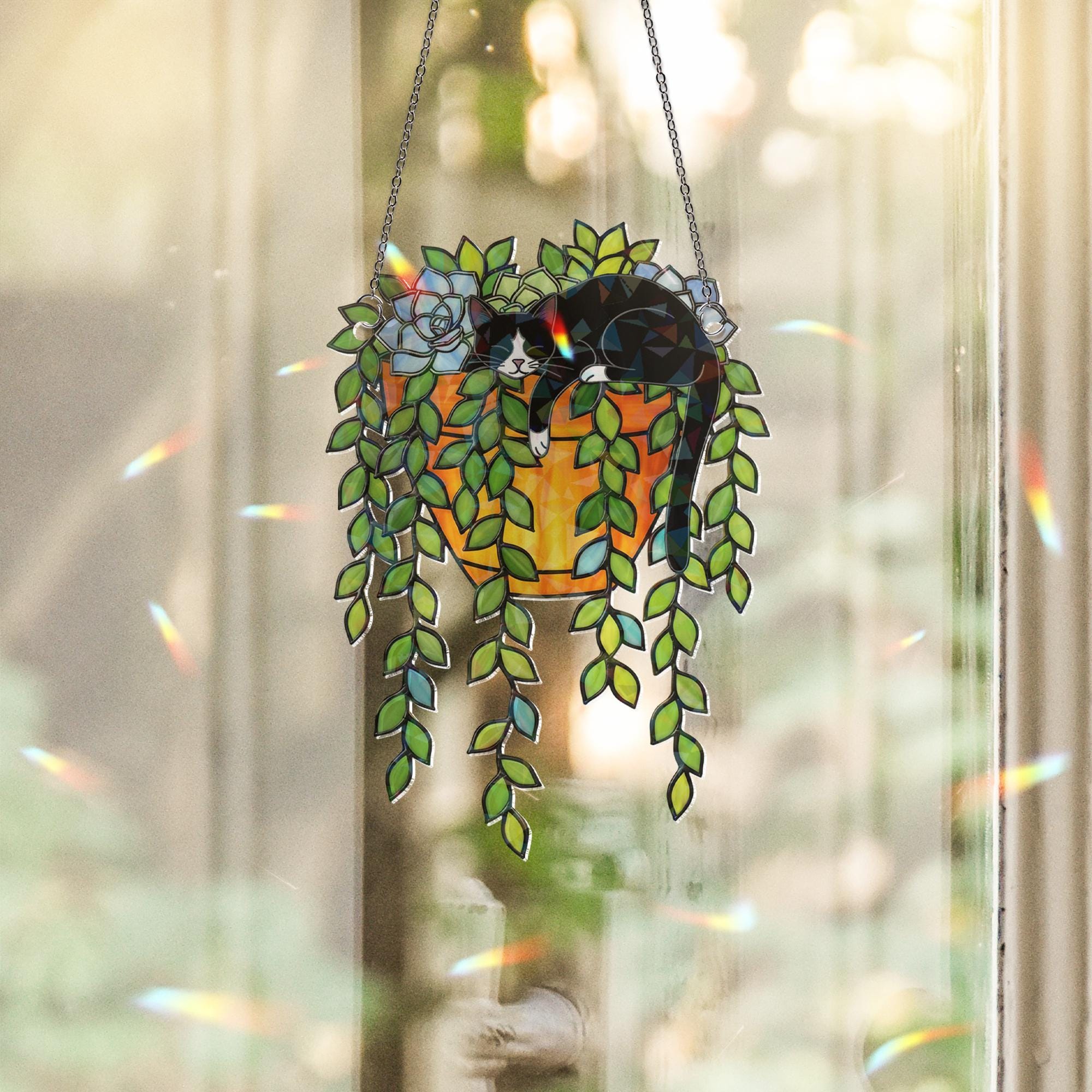 Tuxedo Cat Succulent Suncatcher – Holographic Window Hanging for Cat Lovers