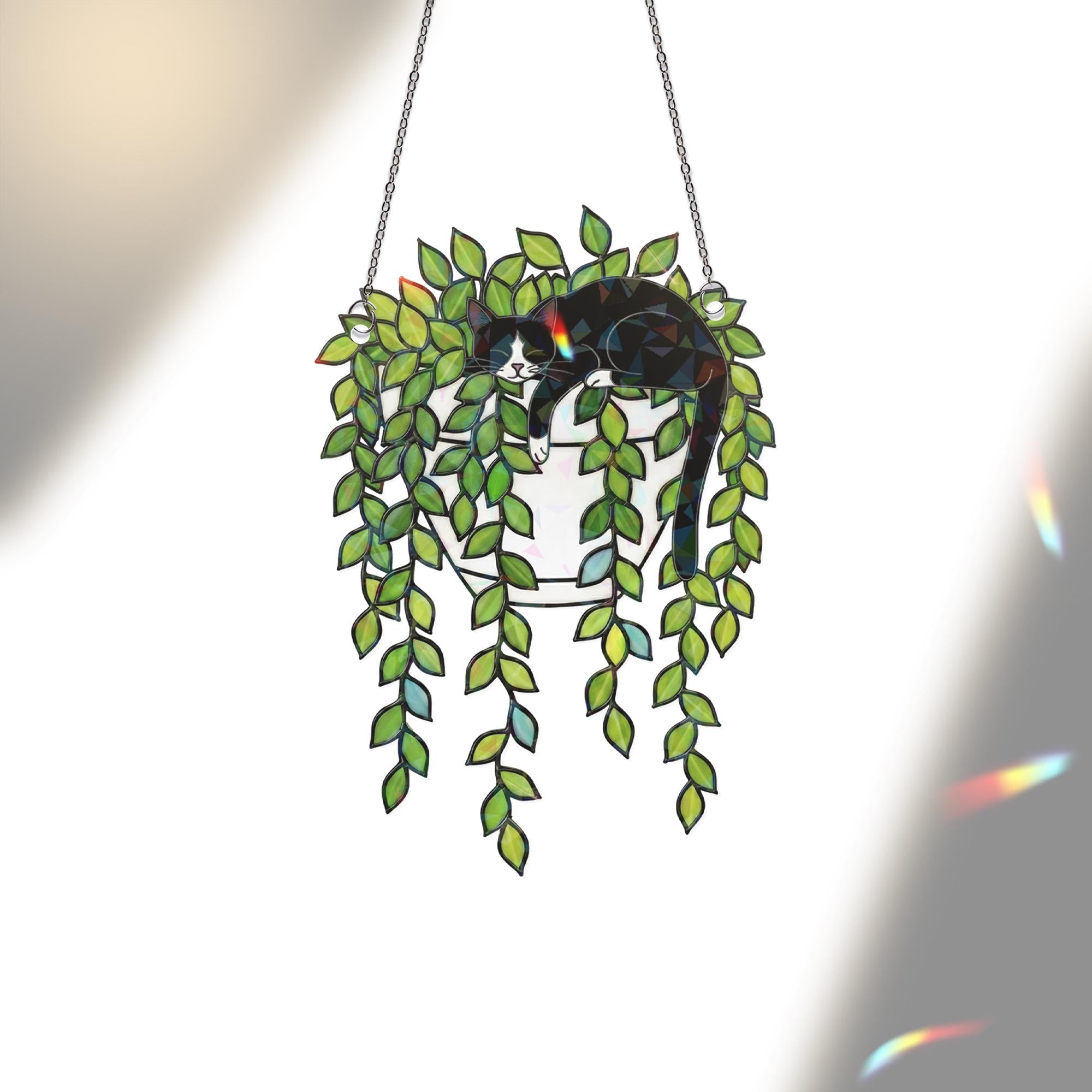 Tuxedo Cat Pothos Suncatcher – Holographic Window Hanging for Cat Lovers