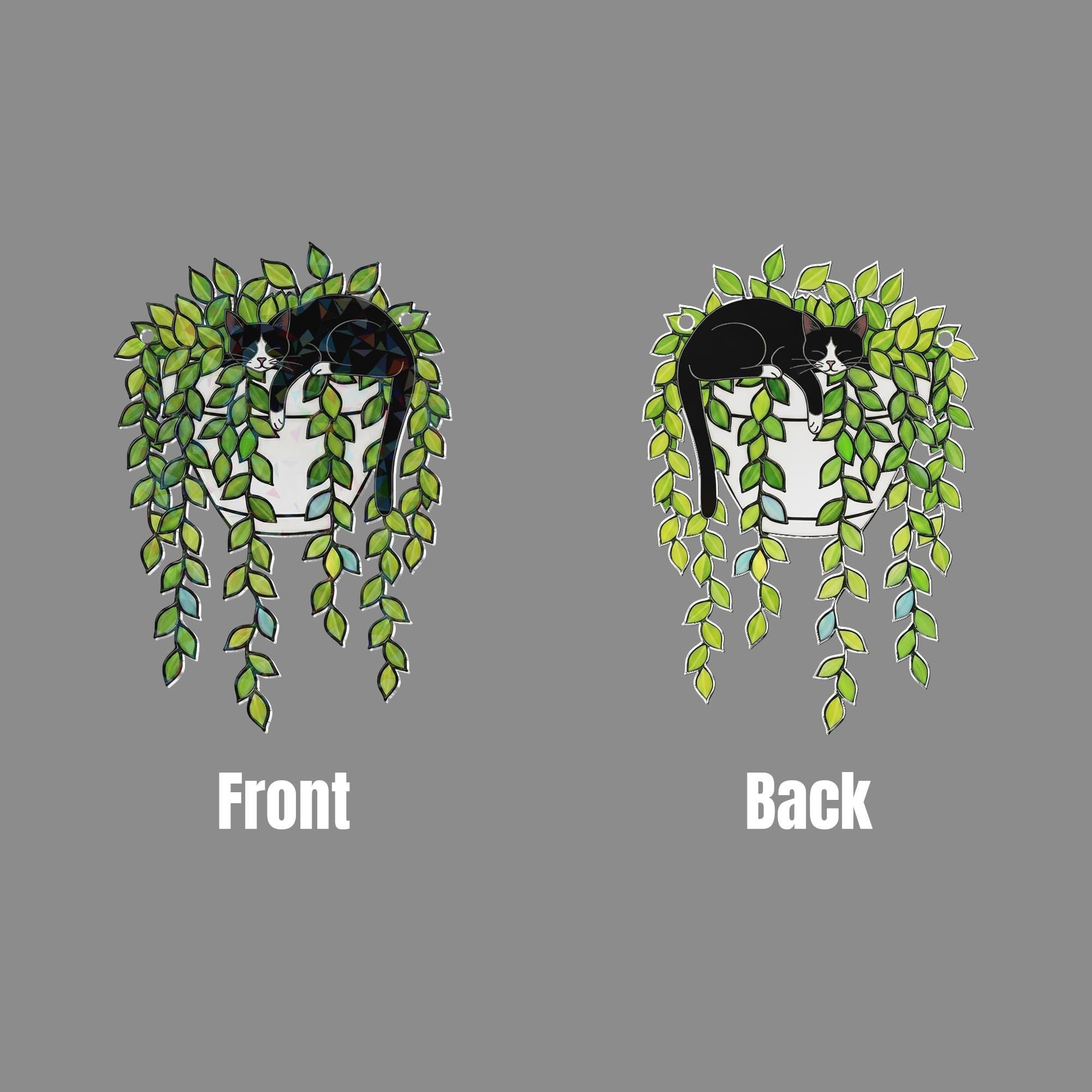 Tuxedo Cat Pothos Suncatcher – Holographic Window Hanging for Cat Lovers