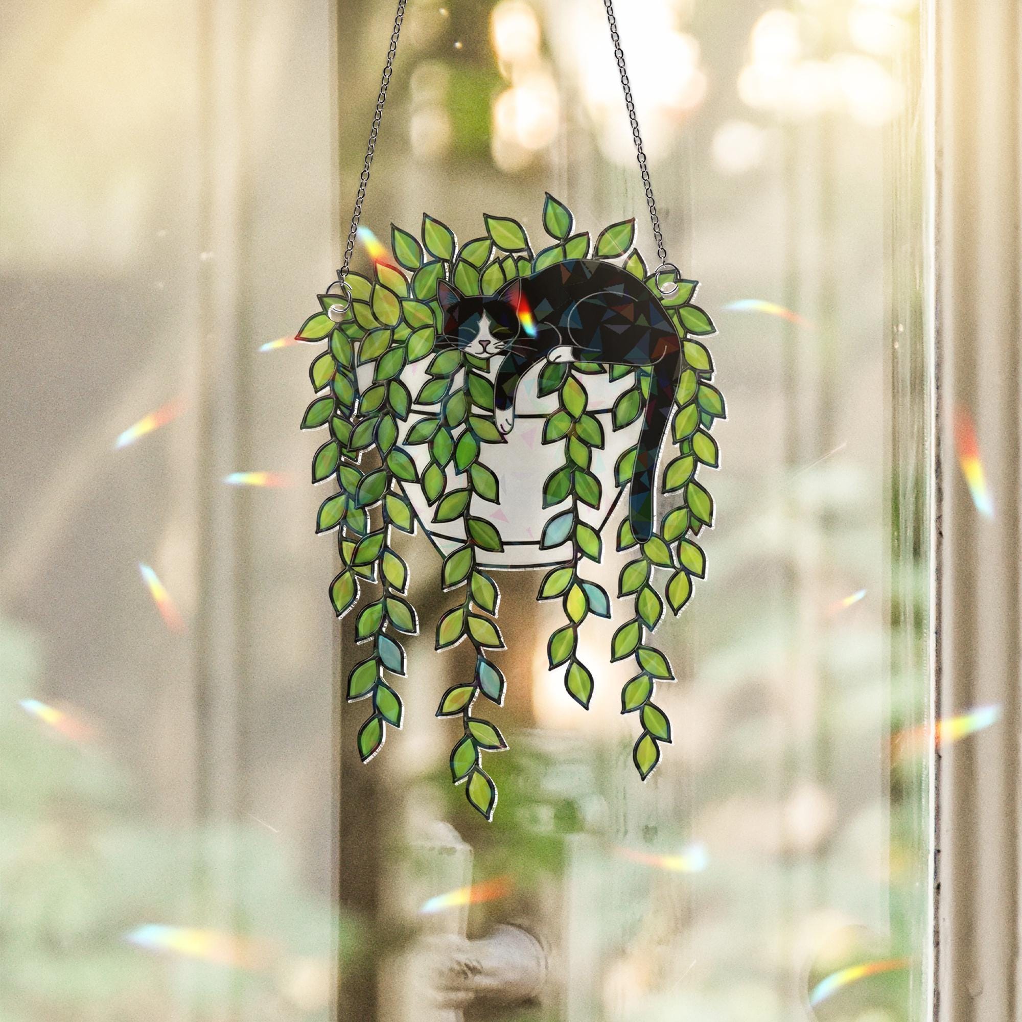 Tuxedo Cat Pothos Suncatcher – Holographic Window Hanging for Cat Lovers
