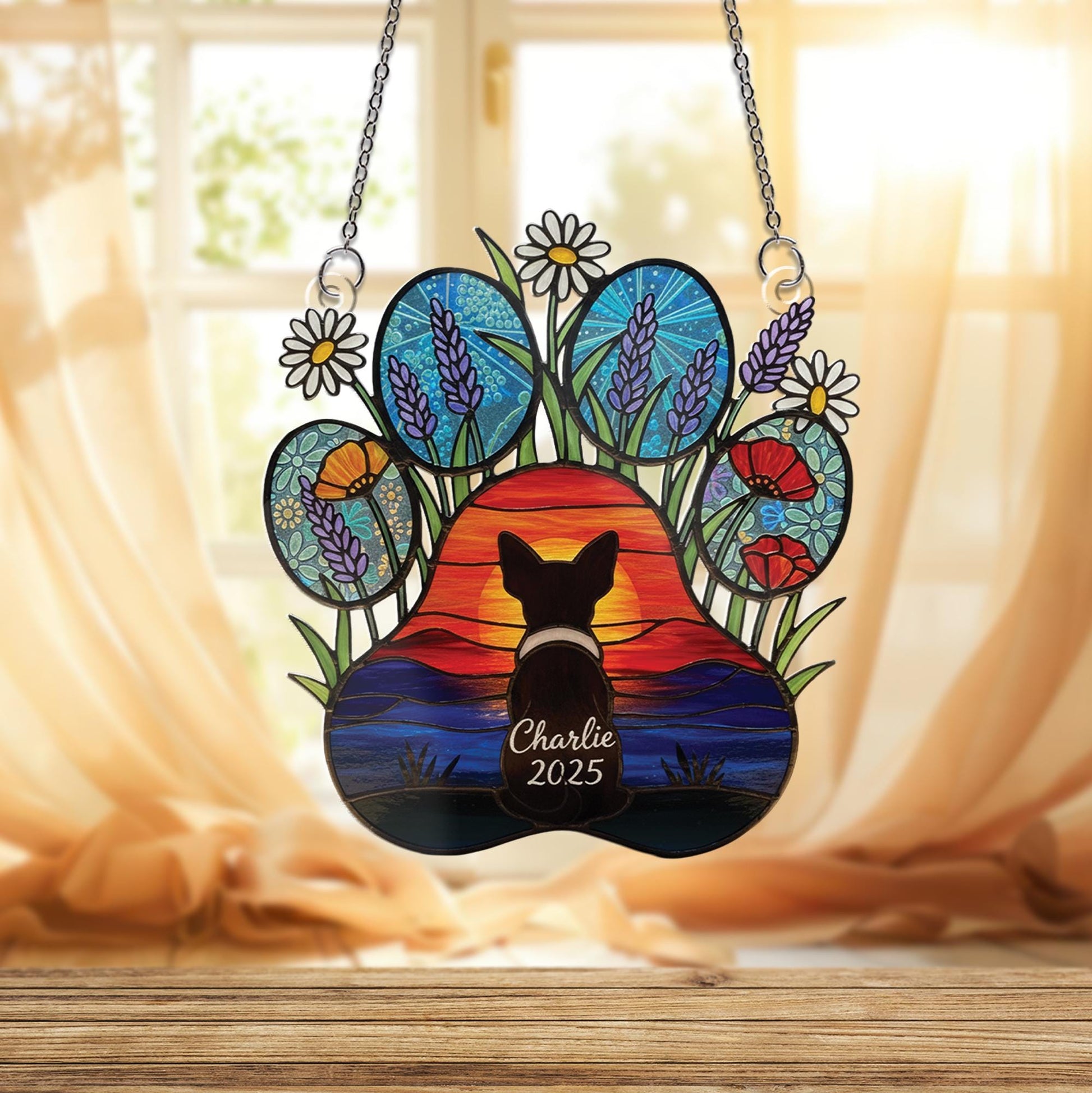 Acrylic Suncatcher: Personalized Dog Silhouette Paw Print Floral Remembrance