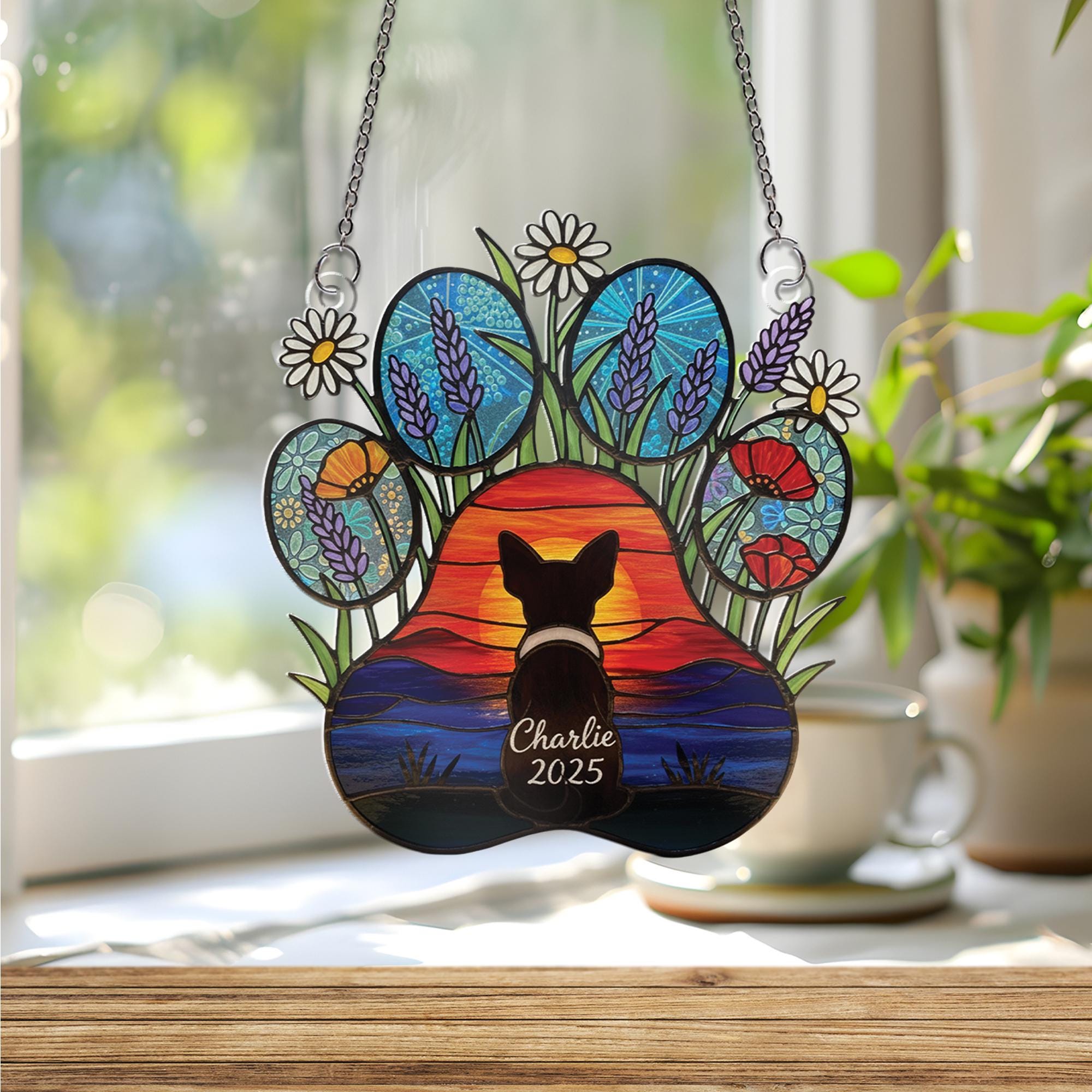 Acrylic Suncatcher: Personalized Dog Silhouette Paw Print Floral Remembrance