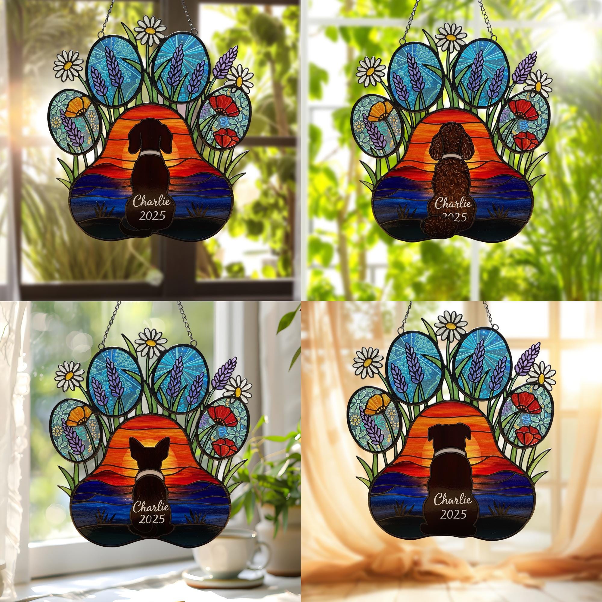 Acrylic Suncatcher: Personalized Dog Silhouette Paw Print Floral Remembrance