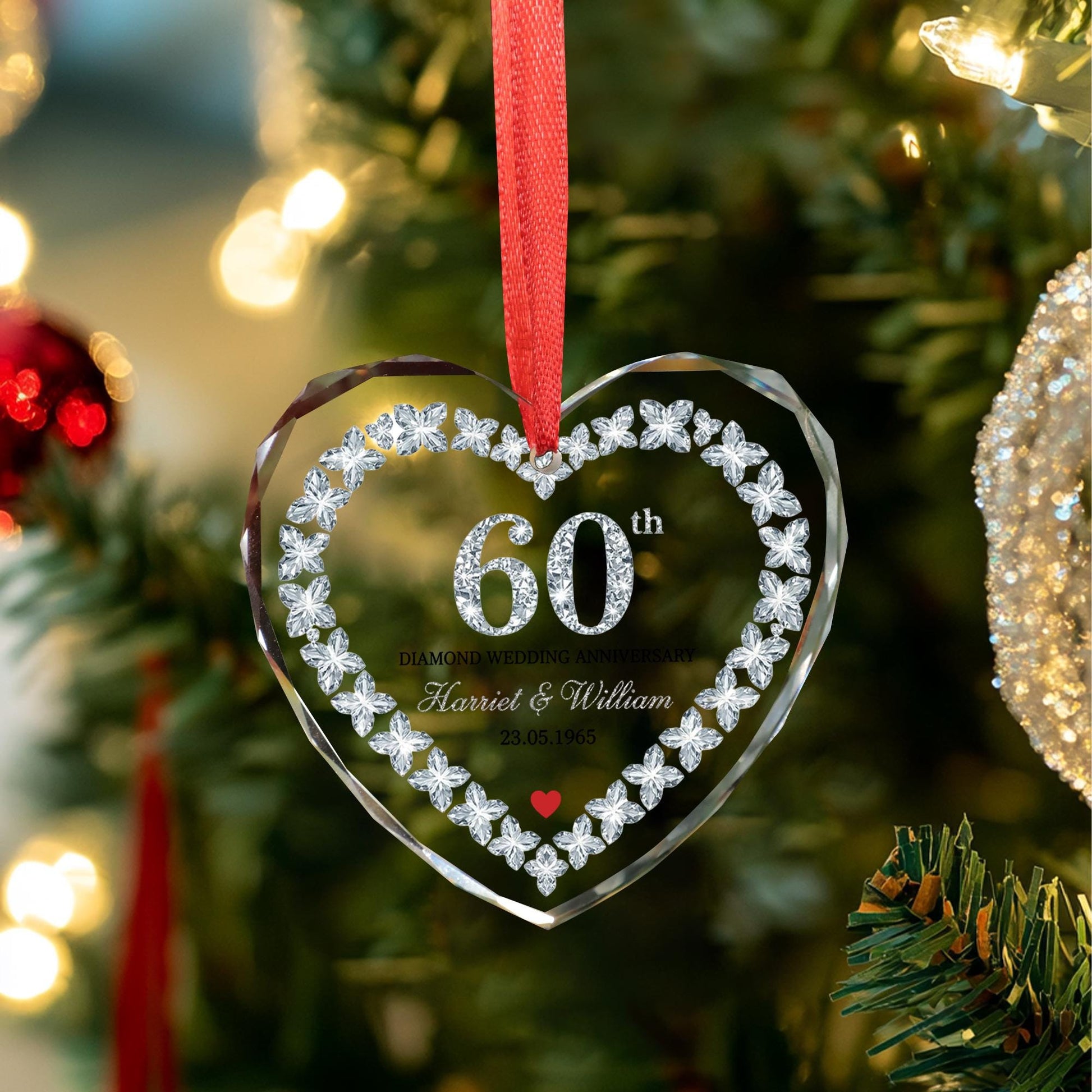 Personalized 60th Anniversary Heart Crystal Ornament – Wedding Glass Keepsake
