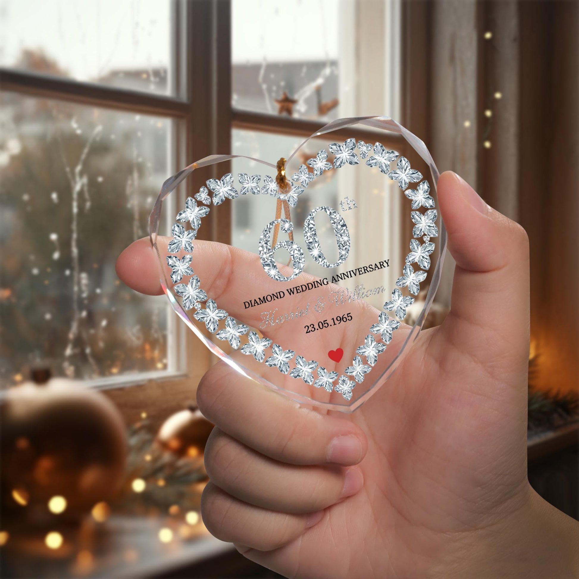 Personalized 60th Anniversary Heart Crystal Ornament – Wedding Glass Keepsake