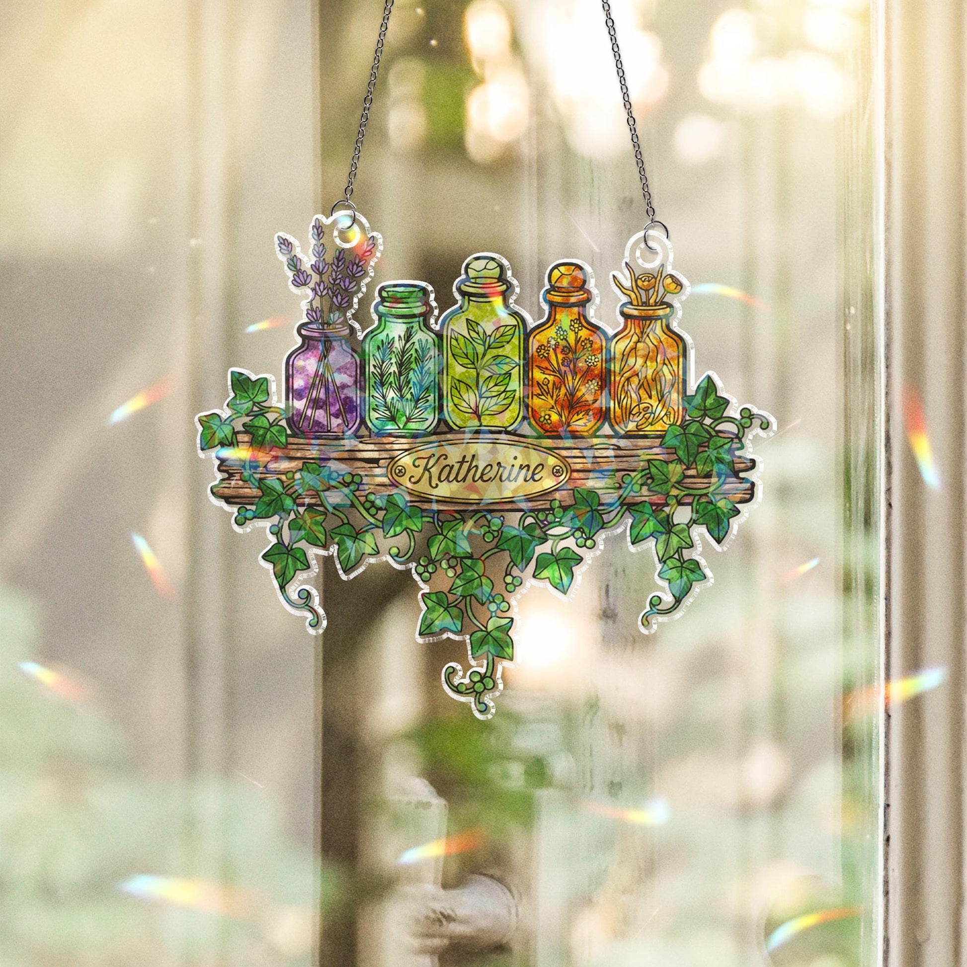Herb Jar Acrylic Suncatcher, Custom Name Window Hanging with Botanical Shelf Design