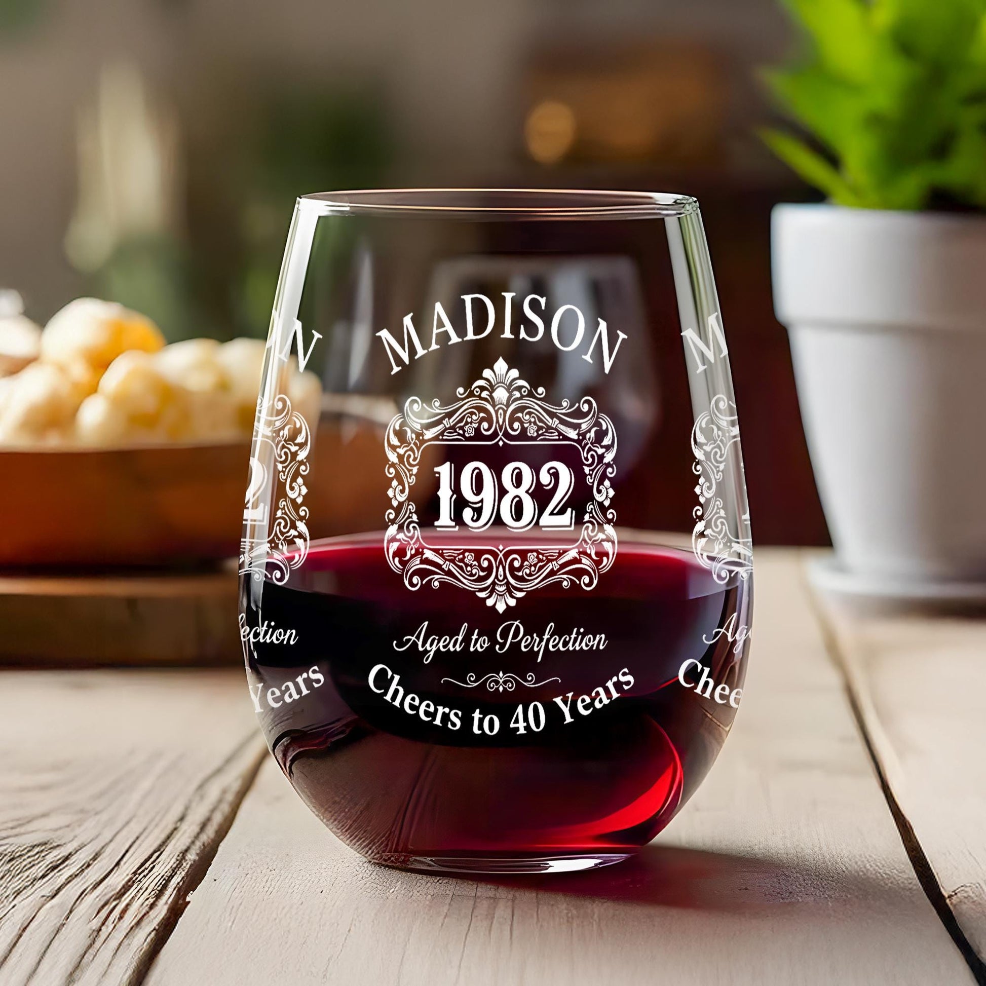 Custom Birth Year Wine Glass, Personalized Stemless Glass with Name and Age Design