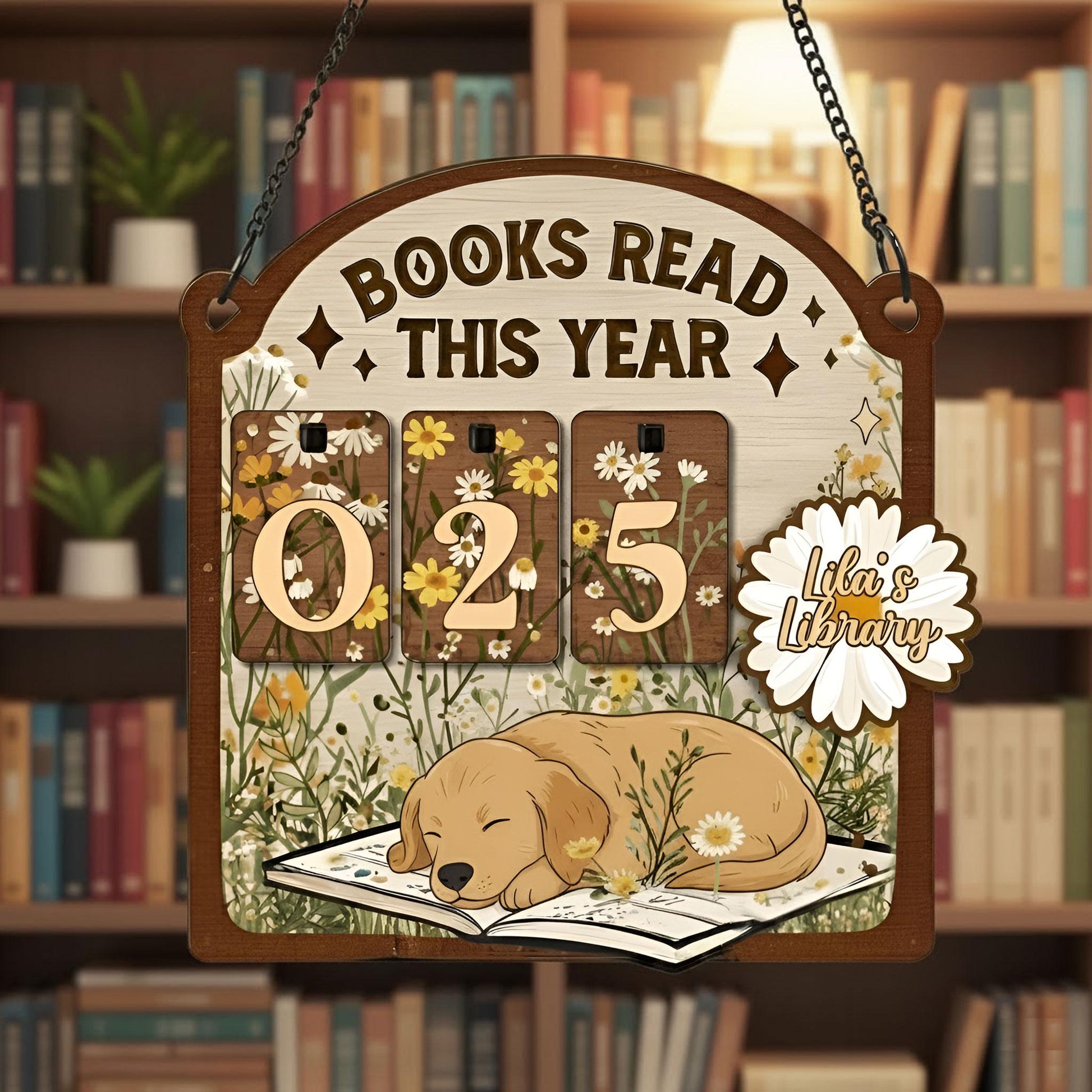 Floral Golden Retriever Books Read Tracker: Personalized Wooden Sign