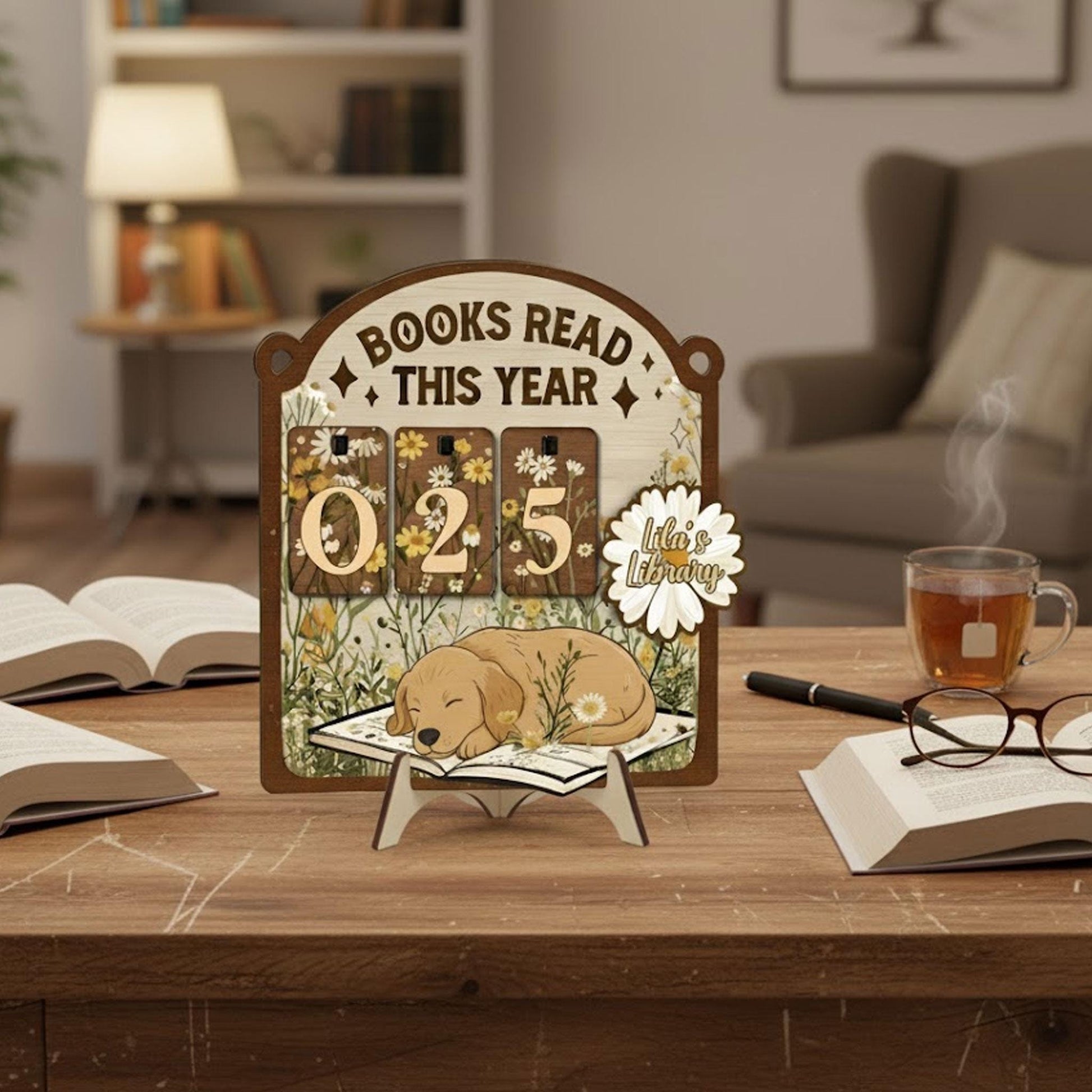 Floral Golden Retriever Books Read Tracker: Personalized Wooden Sign