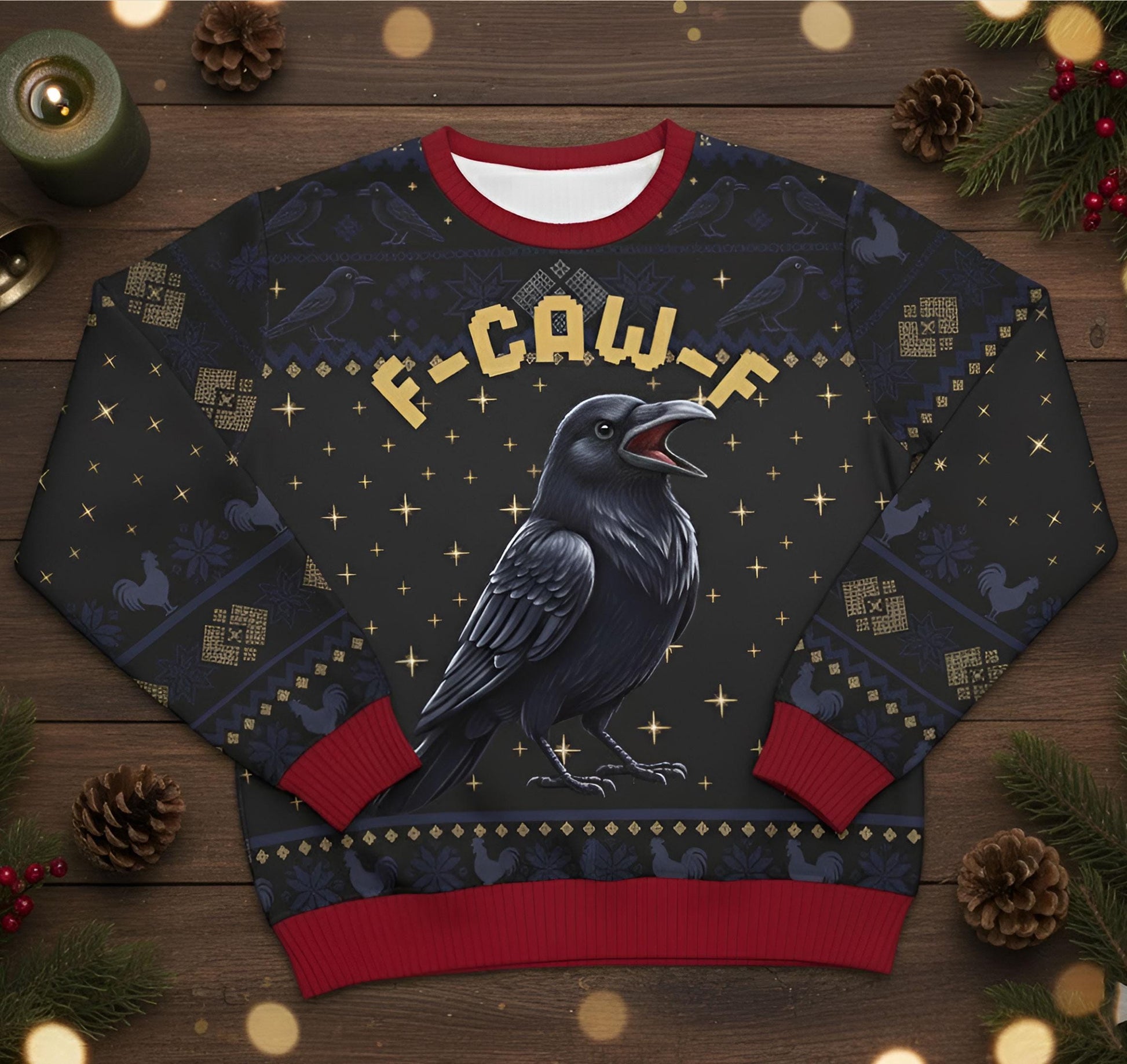 Funny Crow Christmas Sweater: F-Caw-F All-Over Print Knit Pullover, Gothic Holiday Humor