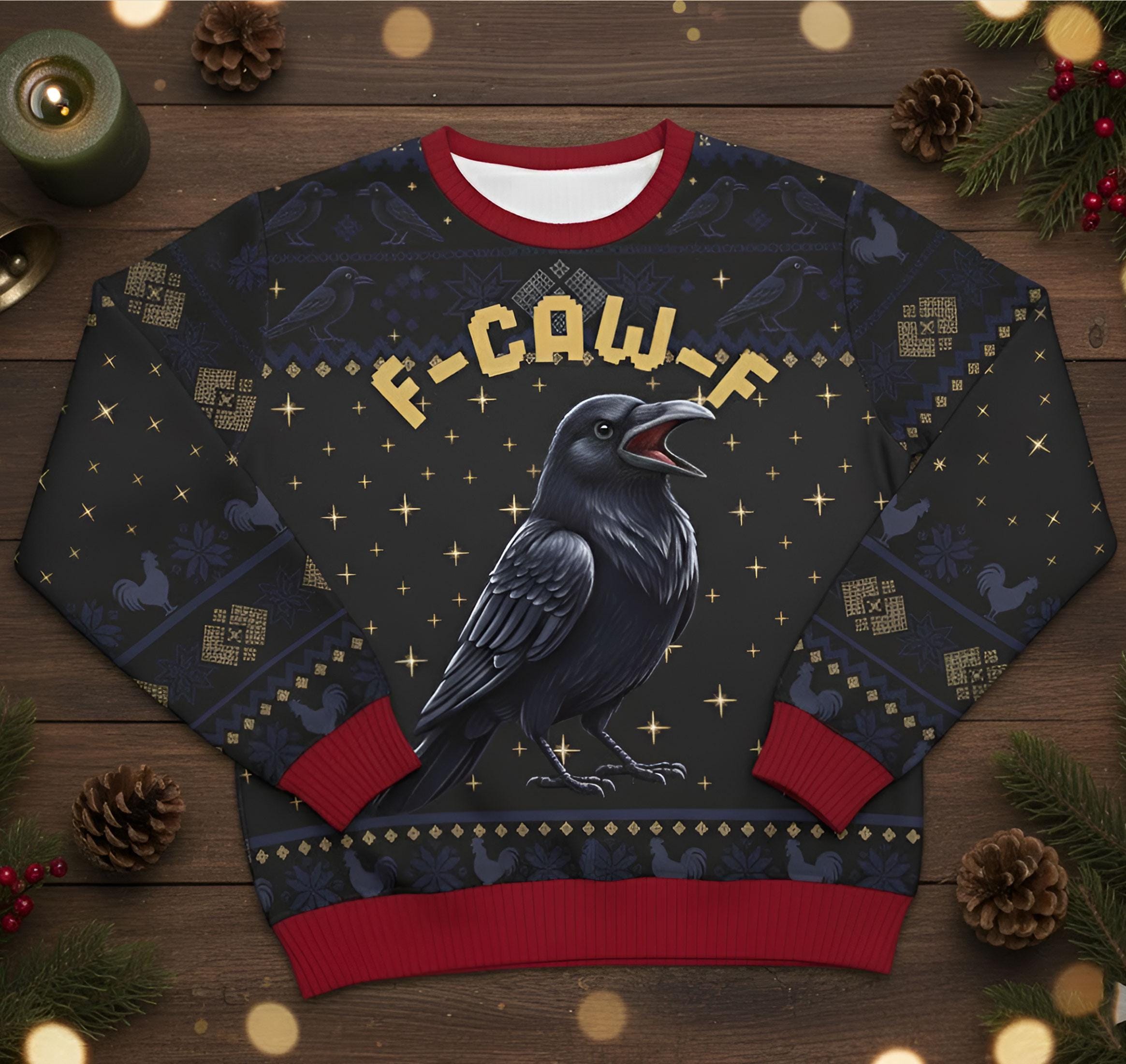 Funny Crow Christmas Sweater: F-Caw-F All-Over Print Knit Pullover, Gothic Holiday Humor