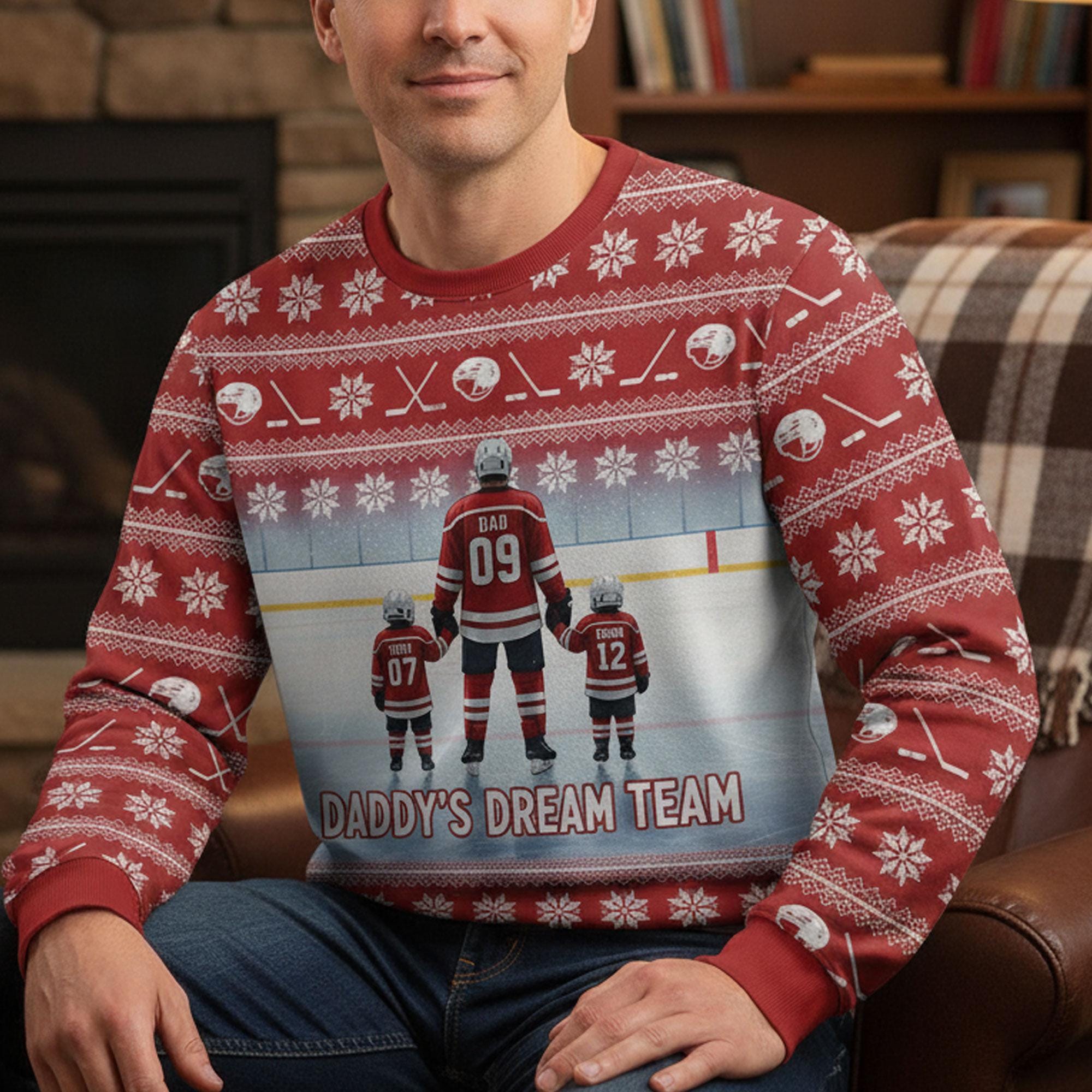 Custom Ice Hockey Daddy’s Dream Team Sweater: All-Over Print Knit Pullover, Personalized Gift