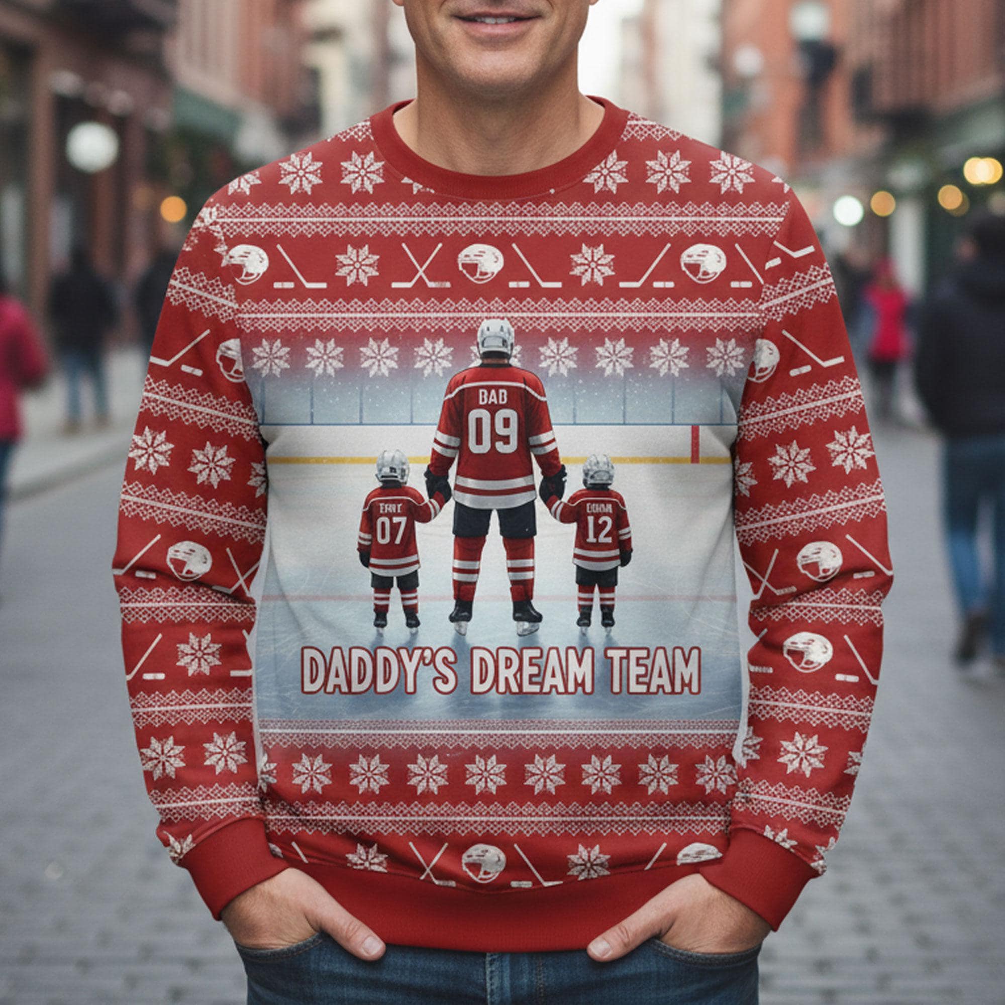 Custom Ice Hockey Daddy’s Dream Team Sweater: All-Over Print Knit Pullover, Personalized Gift