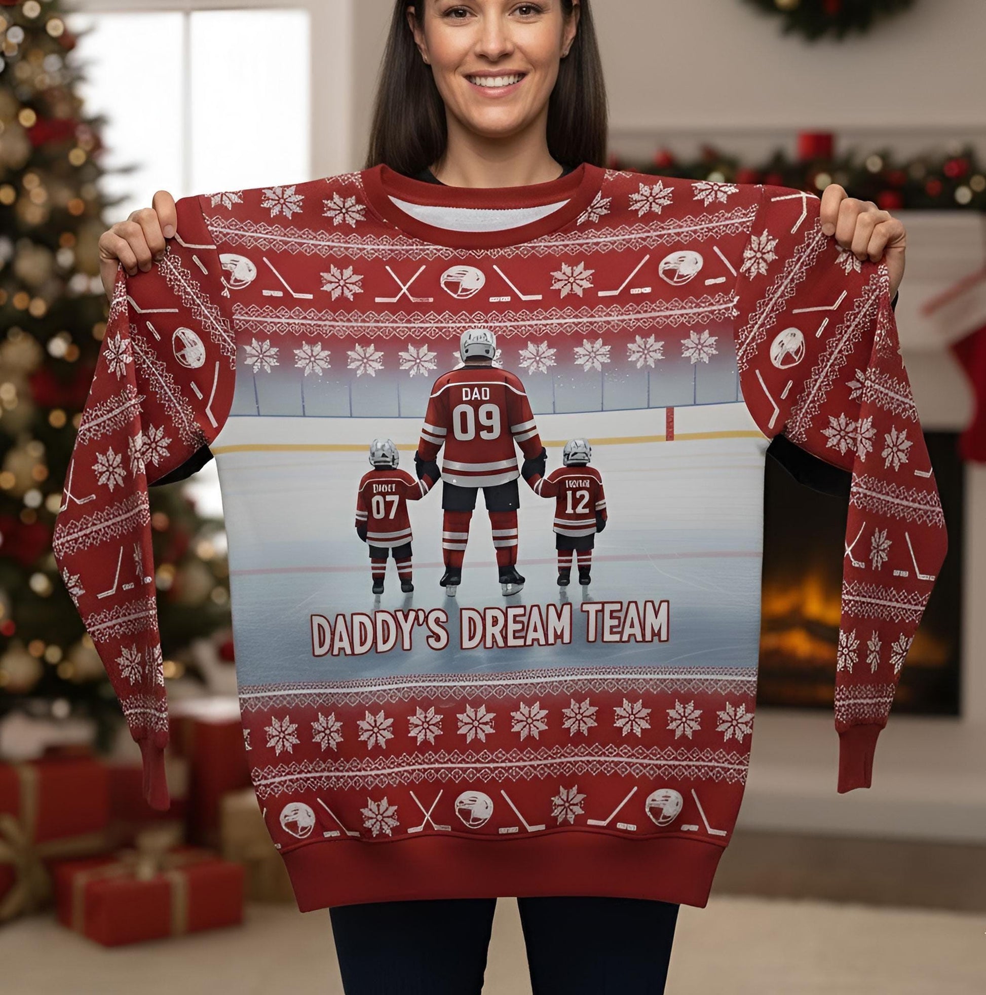 Custom Ice Hockey Daddy’s Dream Team Sweater: All-Over Print Knit Pullover, Personalized Gift