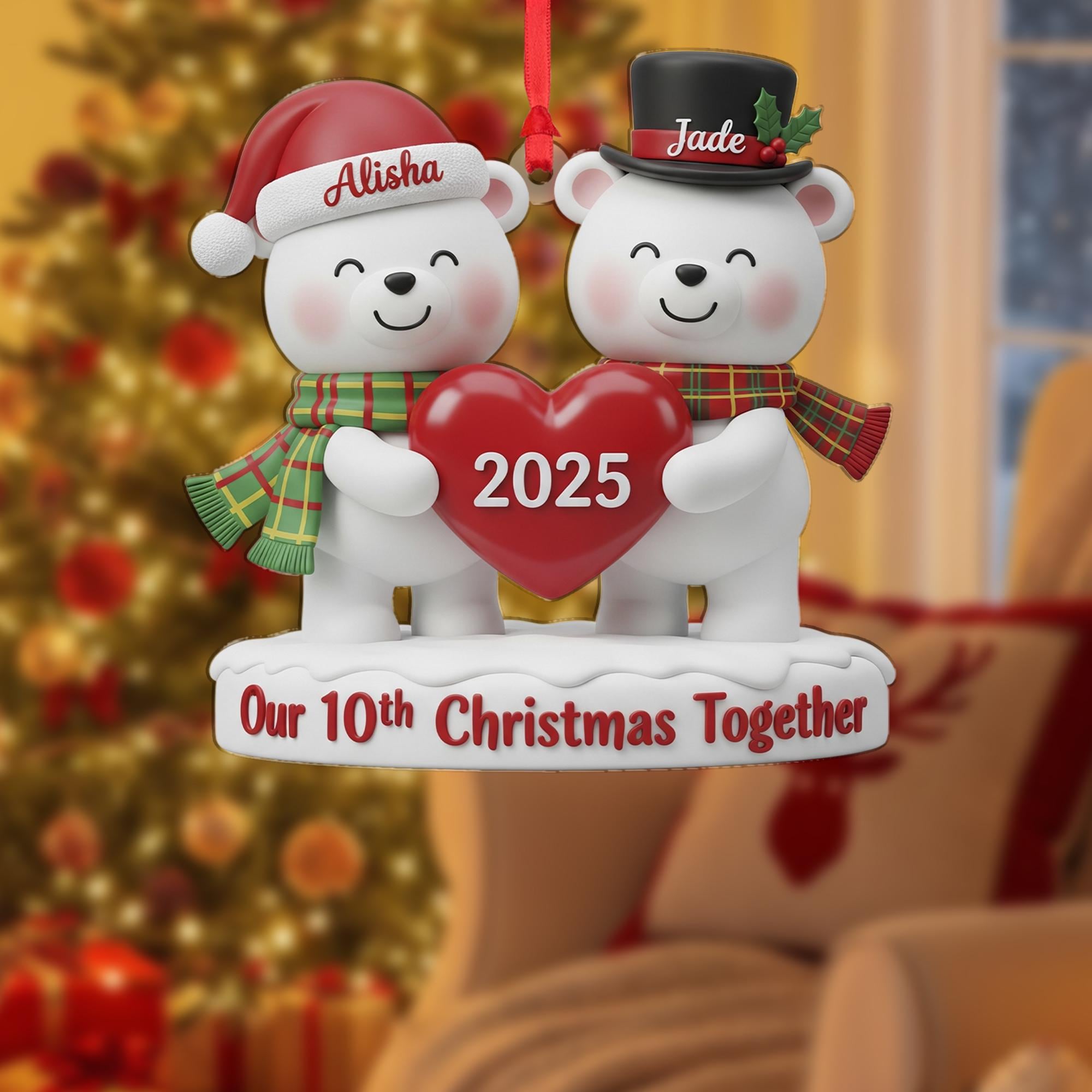 Personalized Polar Bear Couple Ornament: Custom First Christmas 2025, Resin Anniversary Gift image 1