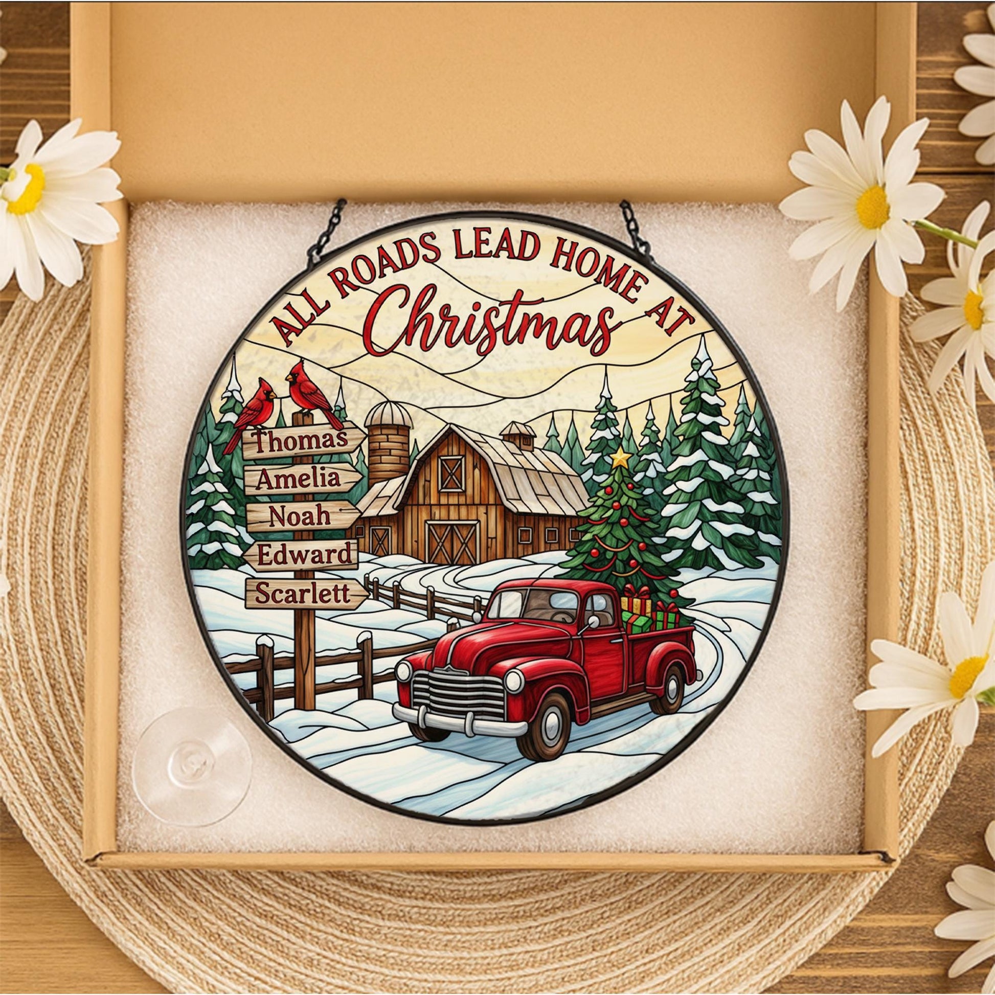 Custom Farmhouse Christmas Family Glass Suncatcher with Red Truck Window Hanging image 5