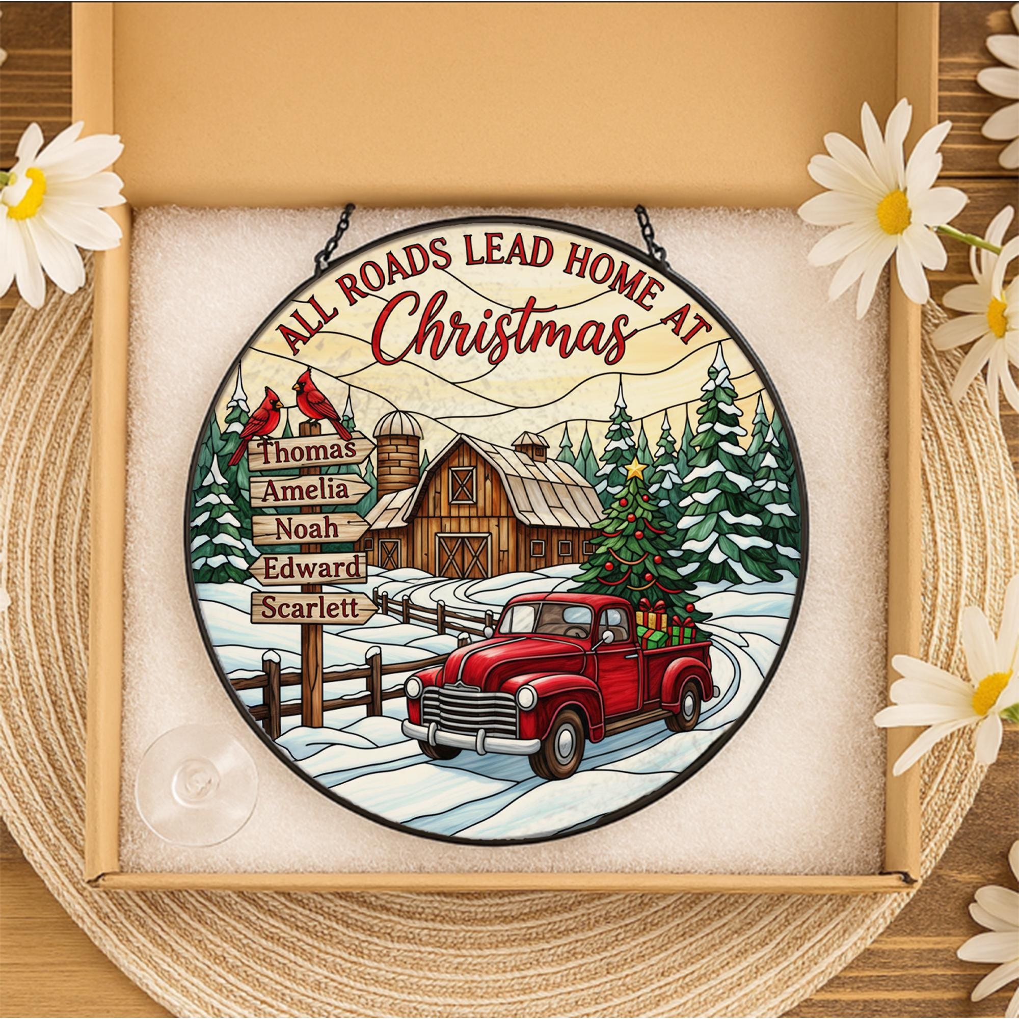 Custom Farmhouse Christmas Family Glass Suncatcher with Red Truck Window Hanging image 5