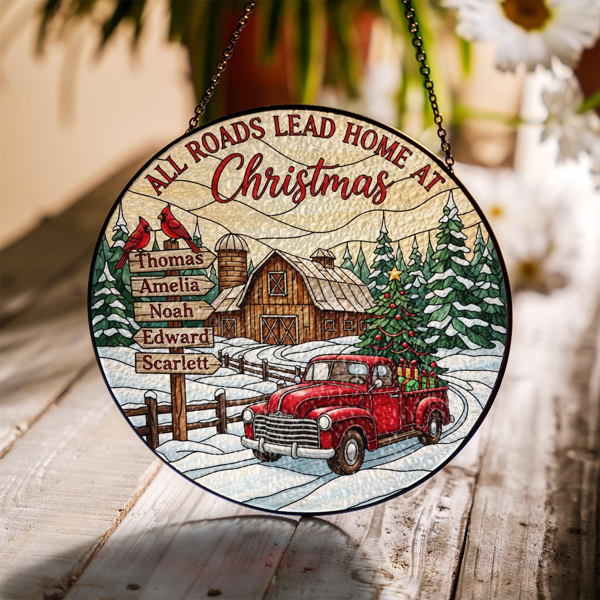 Custom Farmhouse Christmas Family Glass Suncatcher with Red Truck Window Hanging image 2