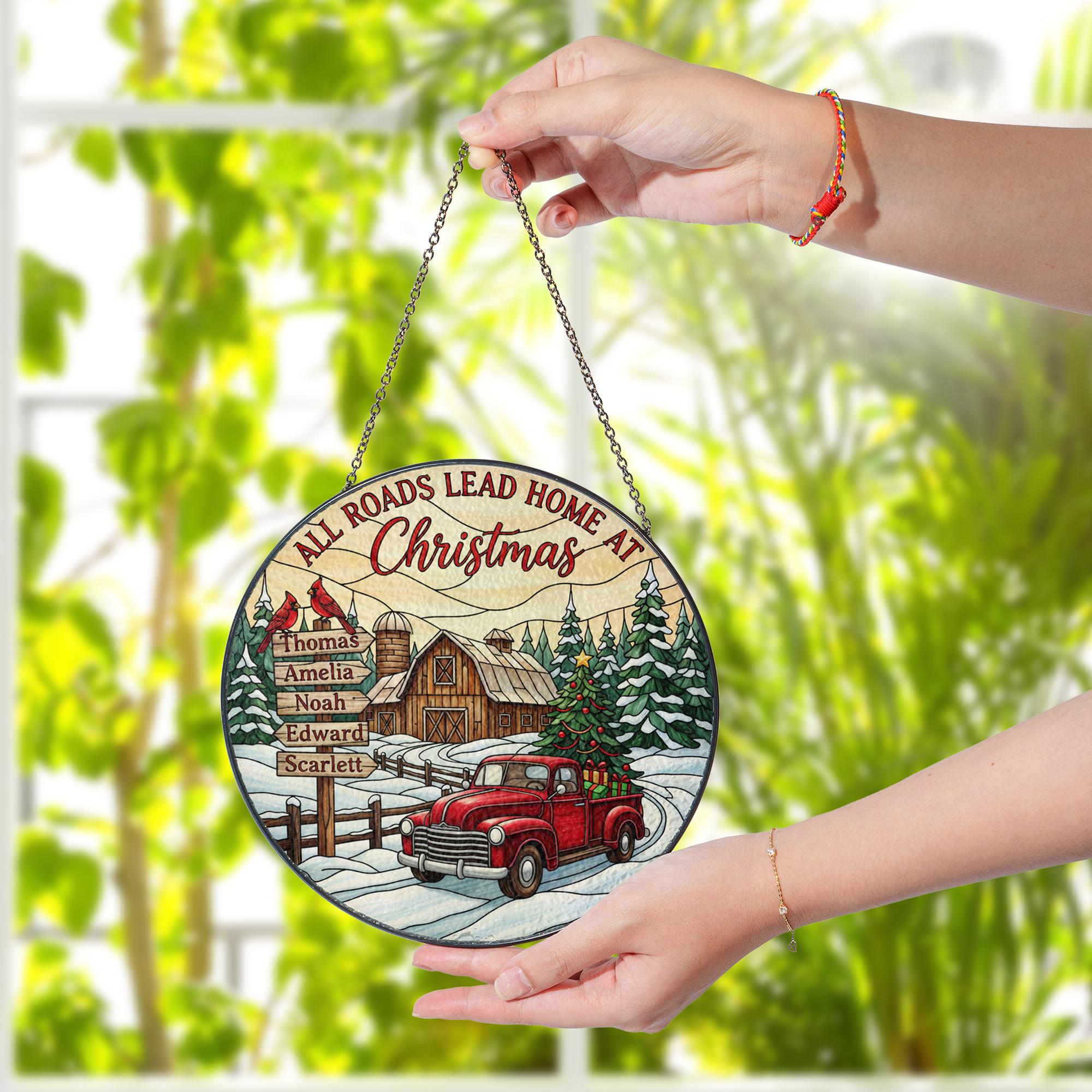 Custom Farmhouse Christmas Family Glass Suncatcher with Red Truck Window Hanging image 1