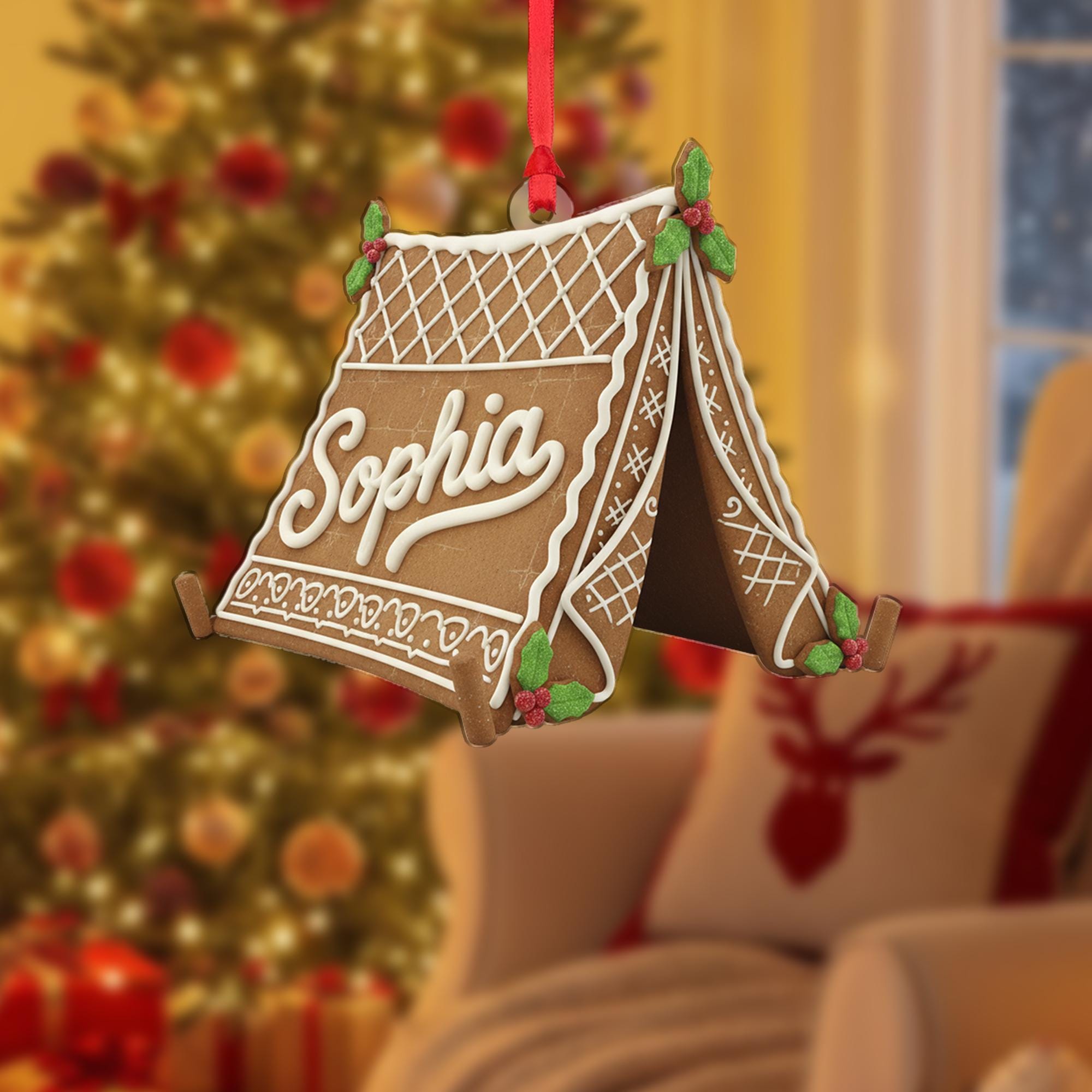 Personalized Gingerbread Tent Ornament: Custom Name Acrylic, Camper Gift image 2