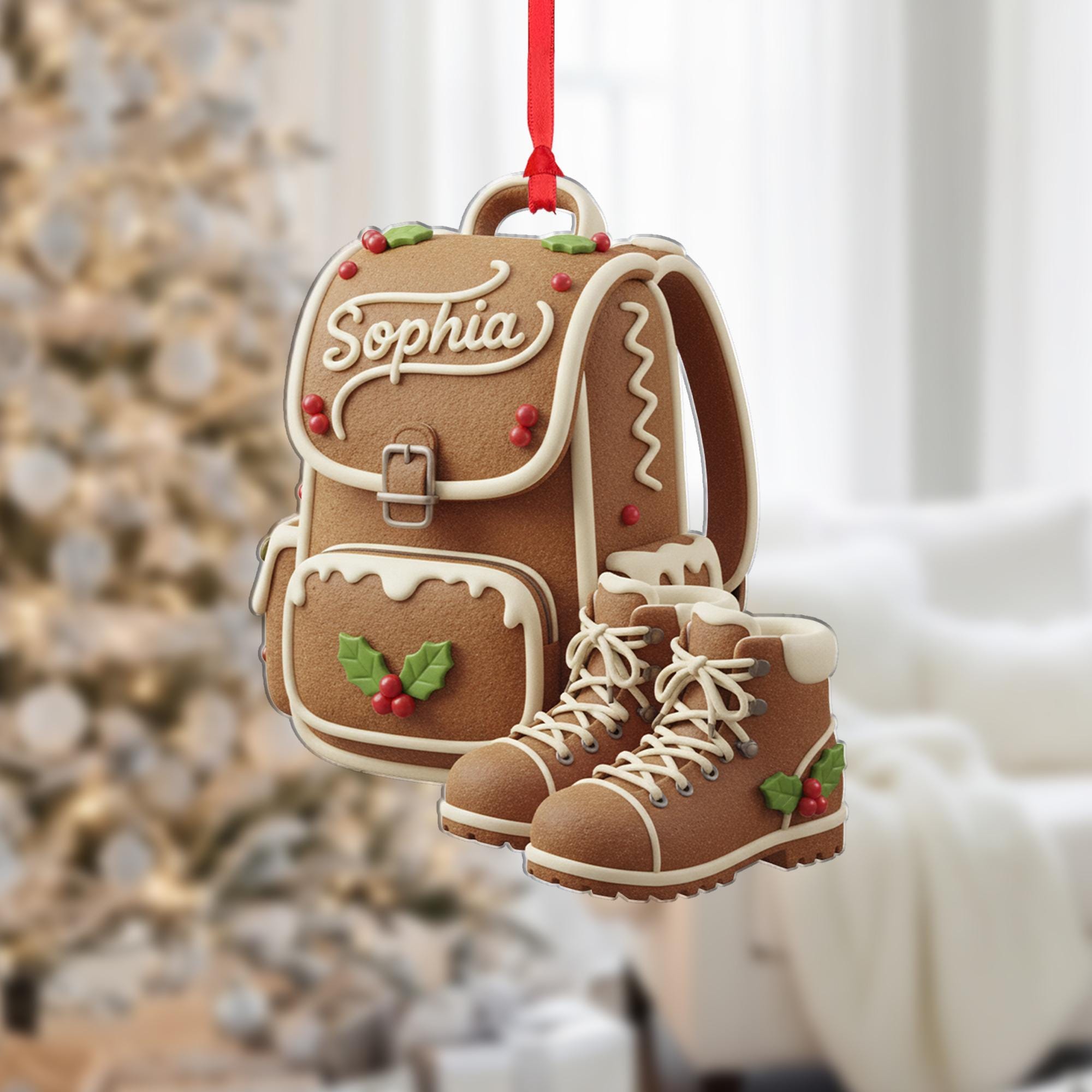 Personalized Gingerbread Hiking Backpack Ornament: Custom Name Acrylic, Hiker Christmas Gift image 1