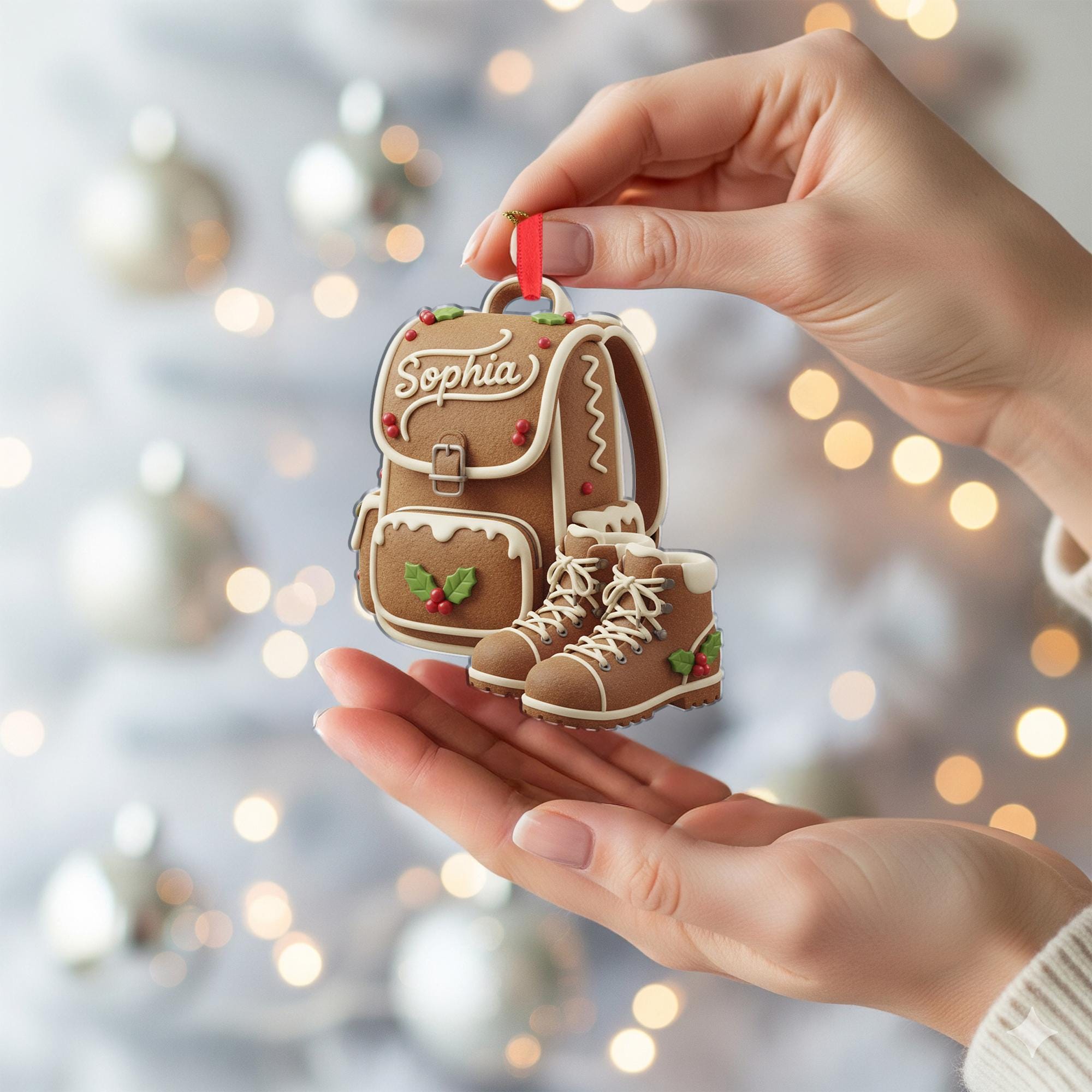 Personalized Gingerbread Hiking Backpack Ornament: Custom Name Acrylic, Hiker Christmas Gift image 2