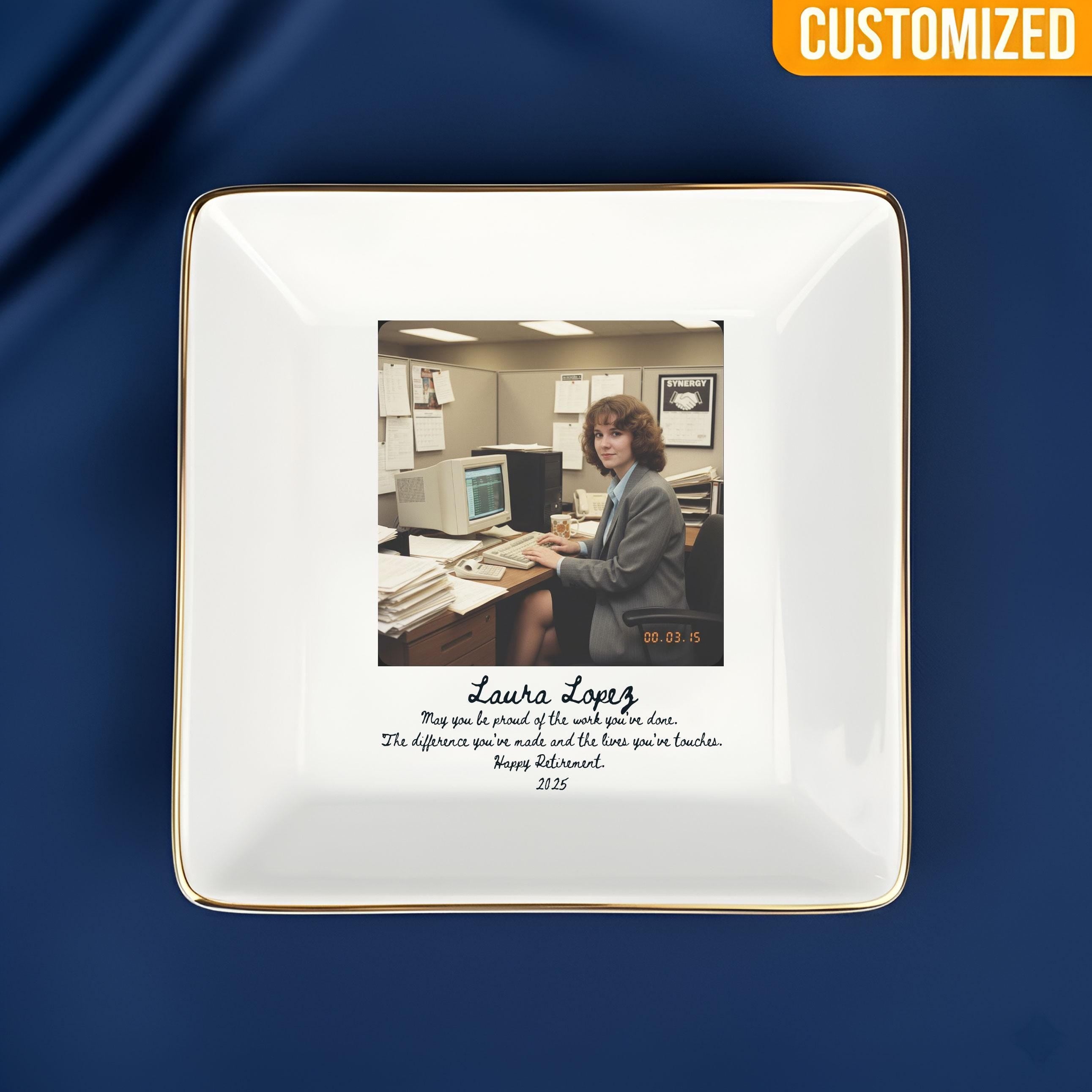 Retirement Jewelry Dish: Custom Vintage Photo Keepsake Tray, Personalized Jewelry Plate Gift for Retirees image 1