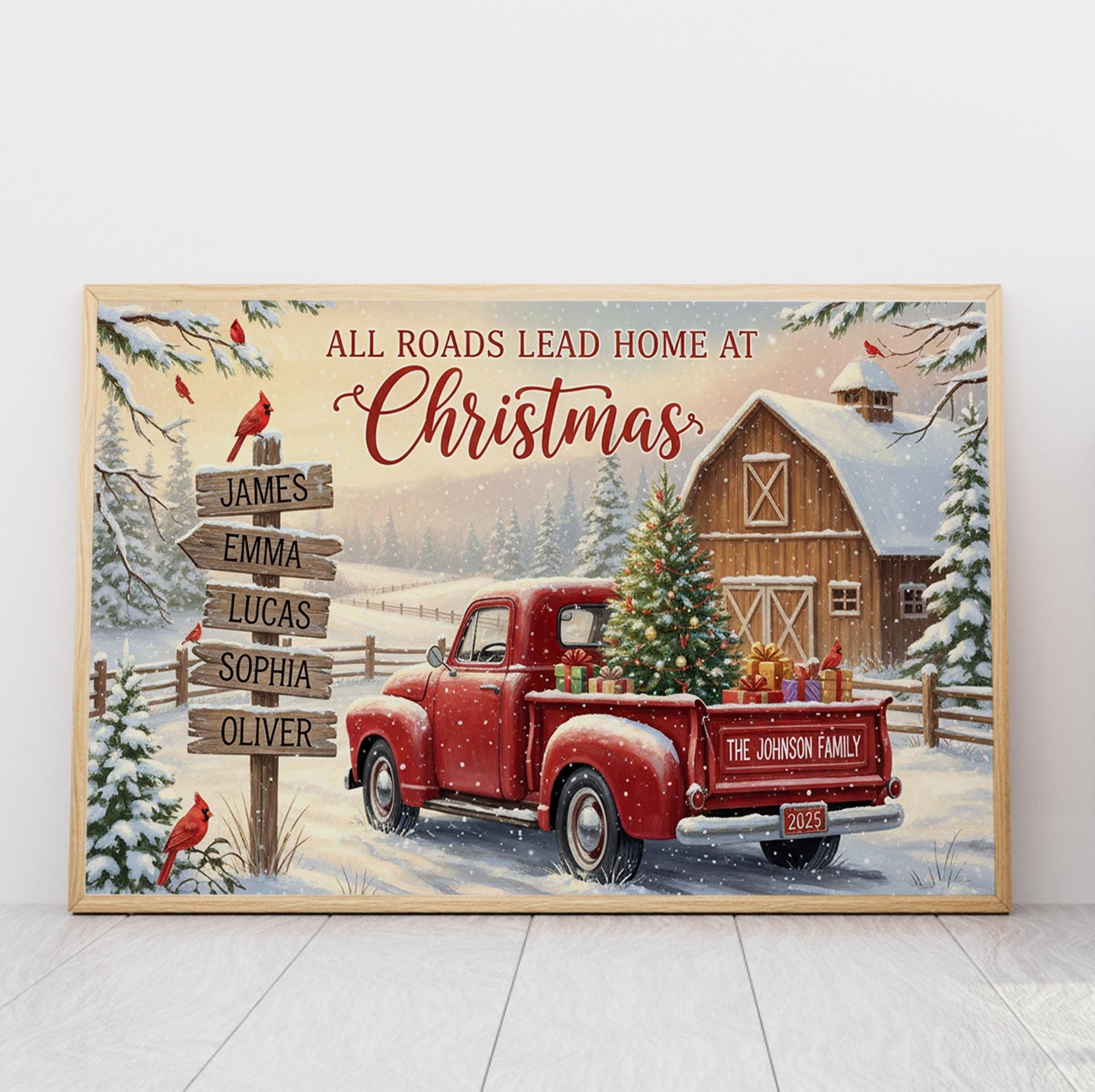 Custom Christmas Farmhouse Unframed Poster or Canvas with Red Truck and Family Names image 2