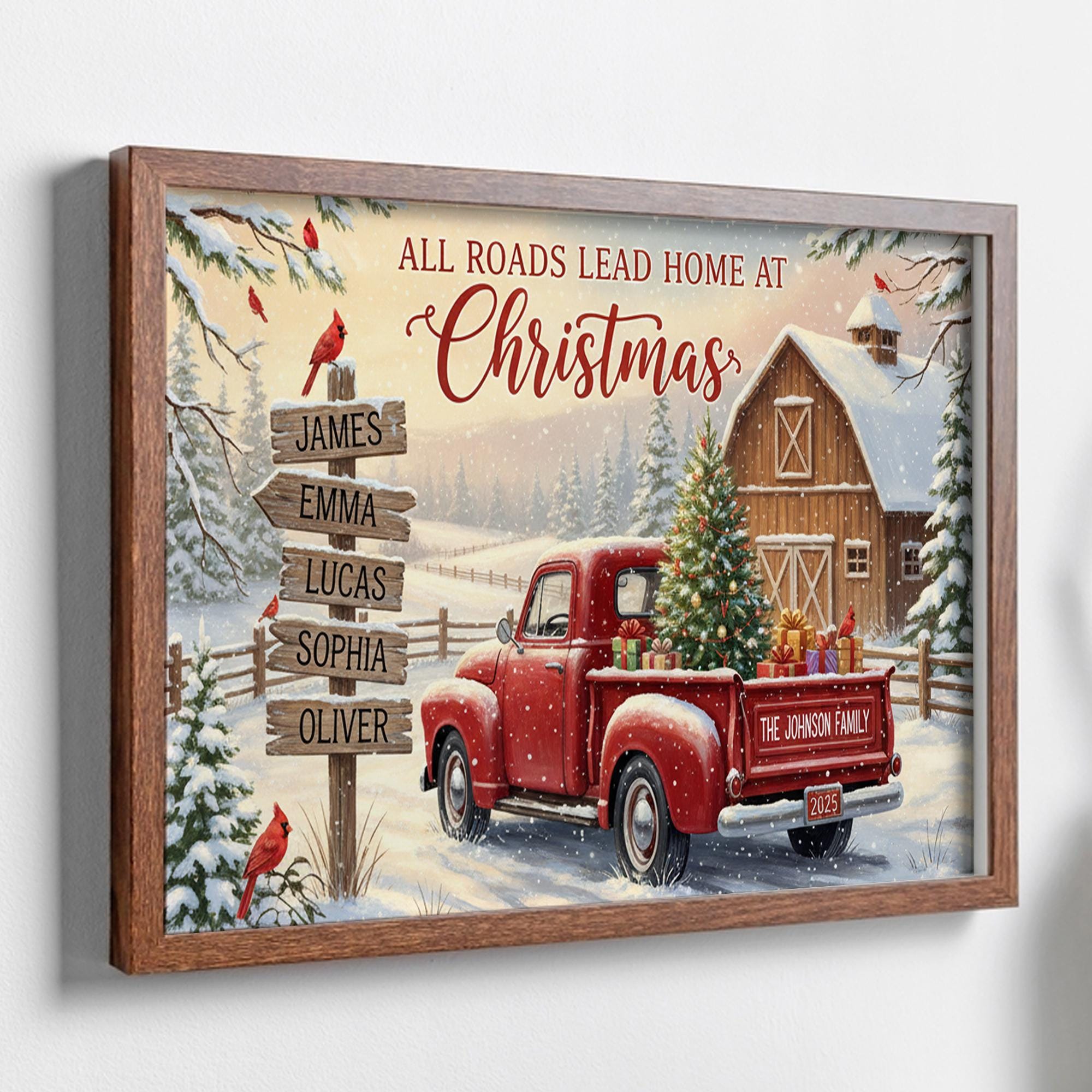 Custom Christmas Farmhouse Unframed Poster or Canvas with Red Truck and Family Names image 5